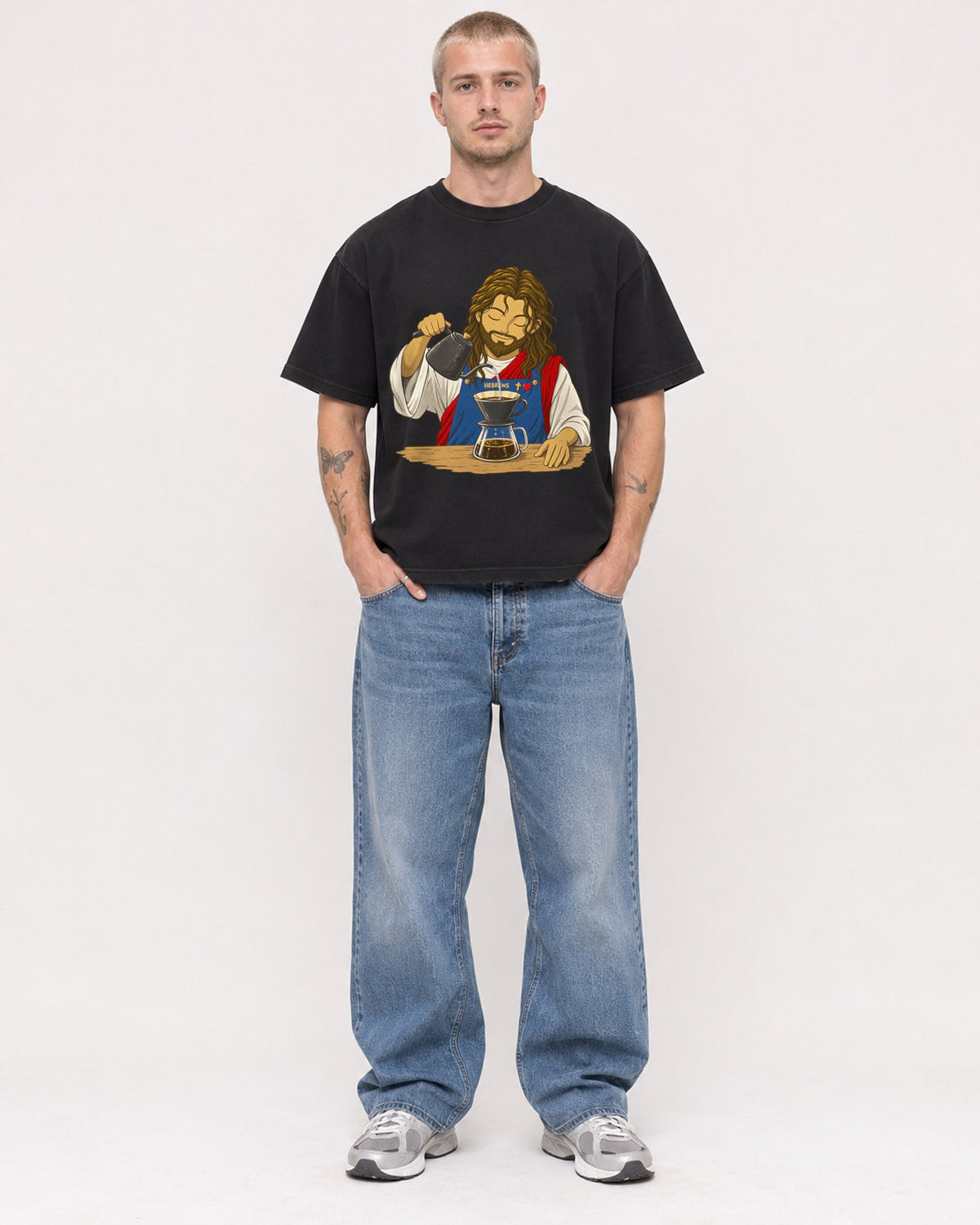 Mockup Boxy Heavyweight Tee Black male full-body 18