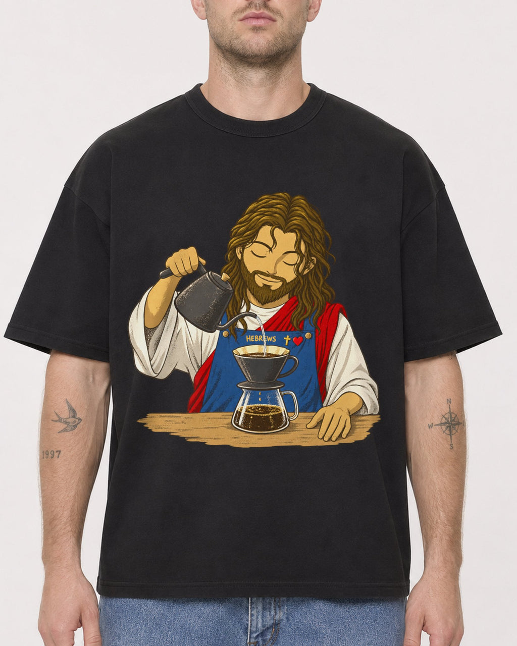 Mockup Boxy Heavyweight Tee Black male close-up 18