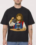Mockup Boxy Heavyweight Tee Black male close-up 18