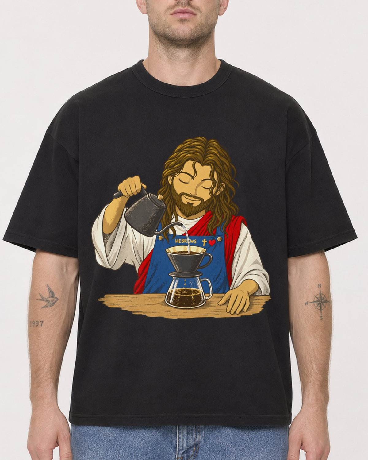 Mockup Boxy Heavyweight Tee Black male close-up 18