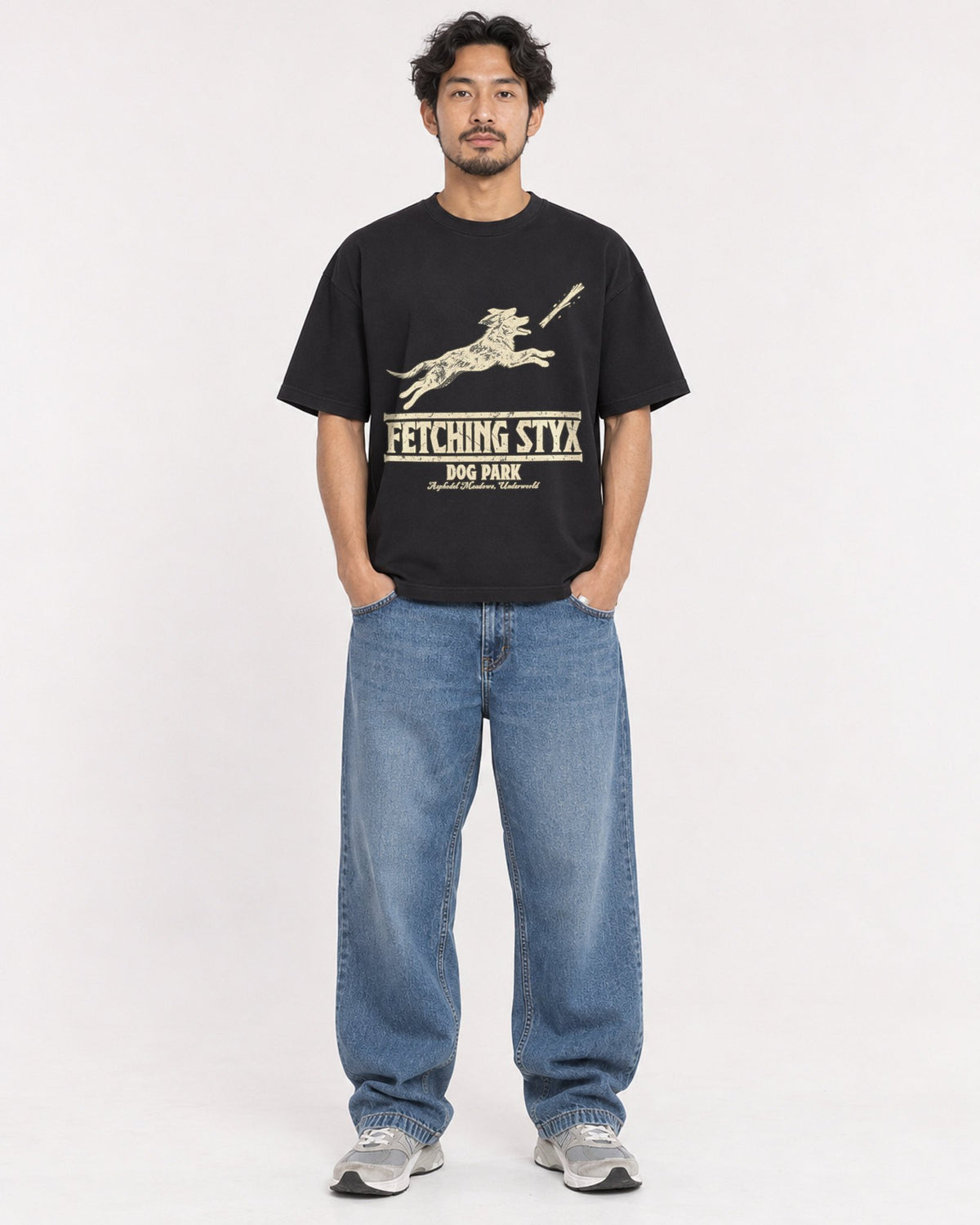 Mockup Boxy Heavyweight Tee Black male full-body 02