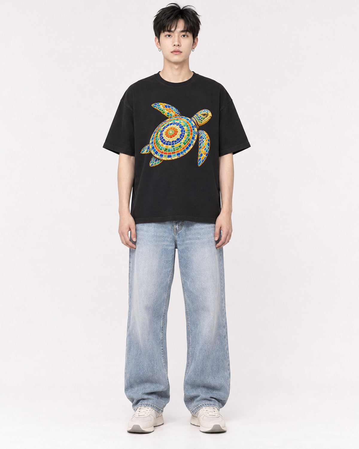 Mockup Boxy Heavyweight Tee Black male full-body 01