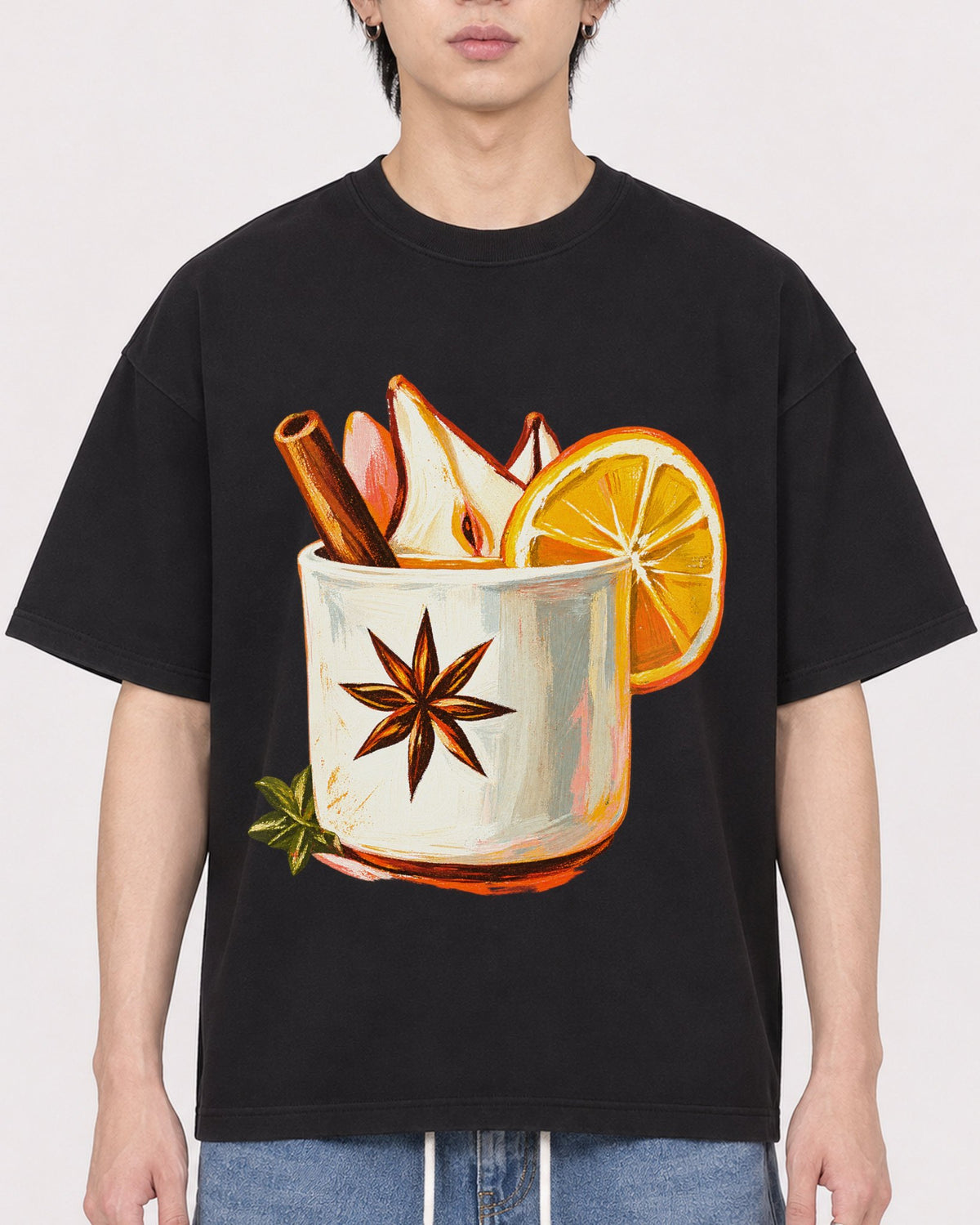 Mockup Boxy Heavyweight Tee Black male close-up 11