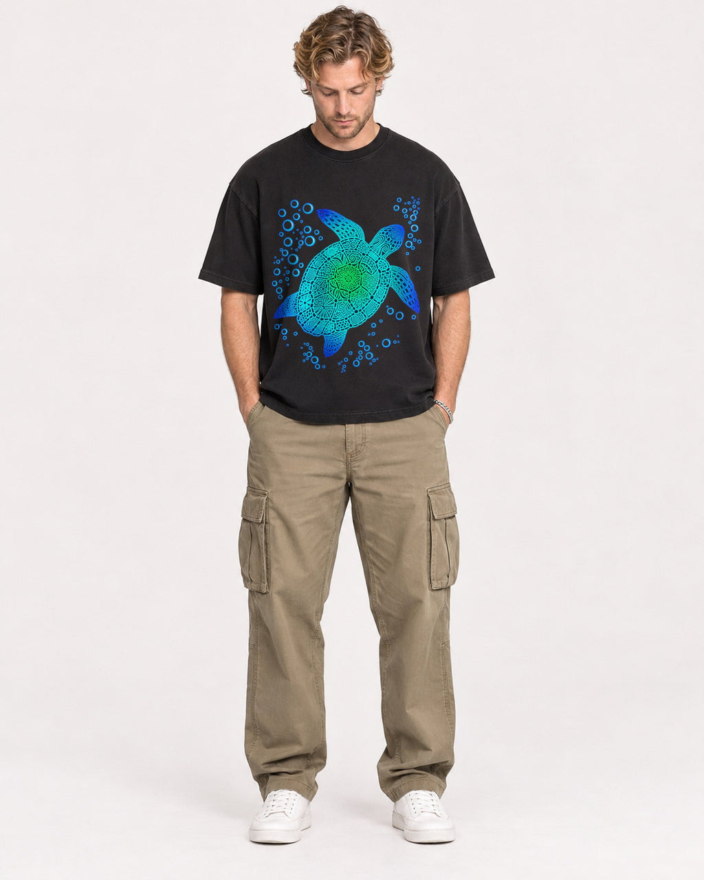 Mockup Boxy Heavyweight Tee Black male full-body 28