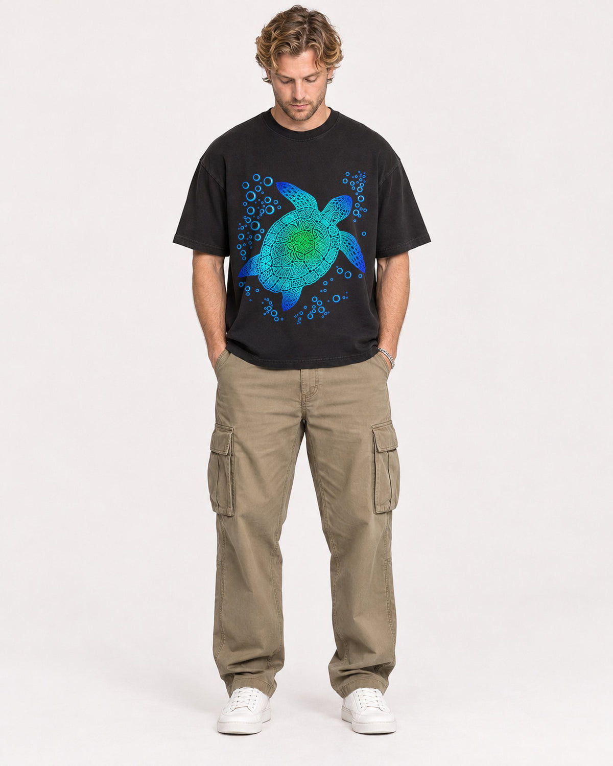 Mockup Boxy Heavyweight Tee Black male full-body 28