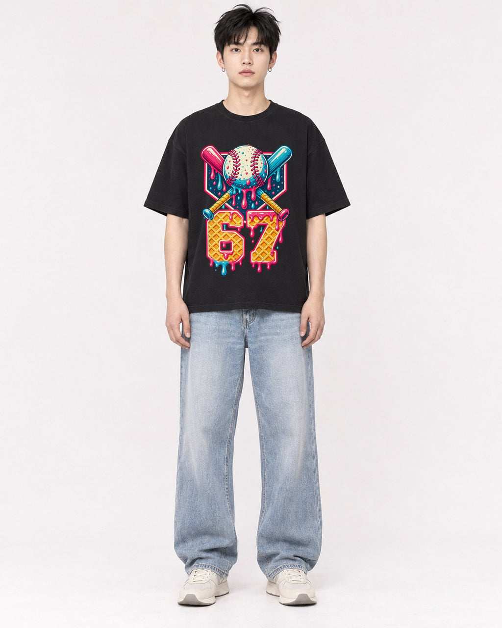 Mockup Boxy Heavyweight Tee Black male full-body 01