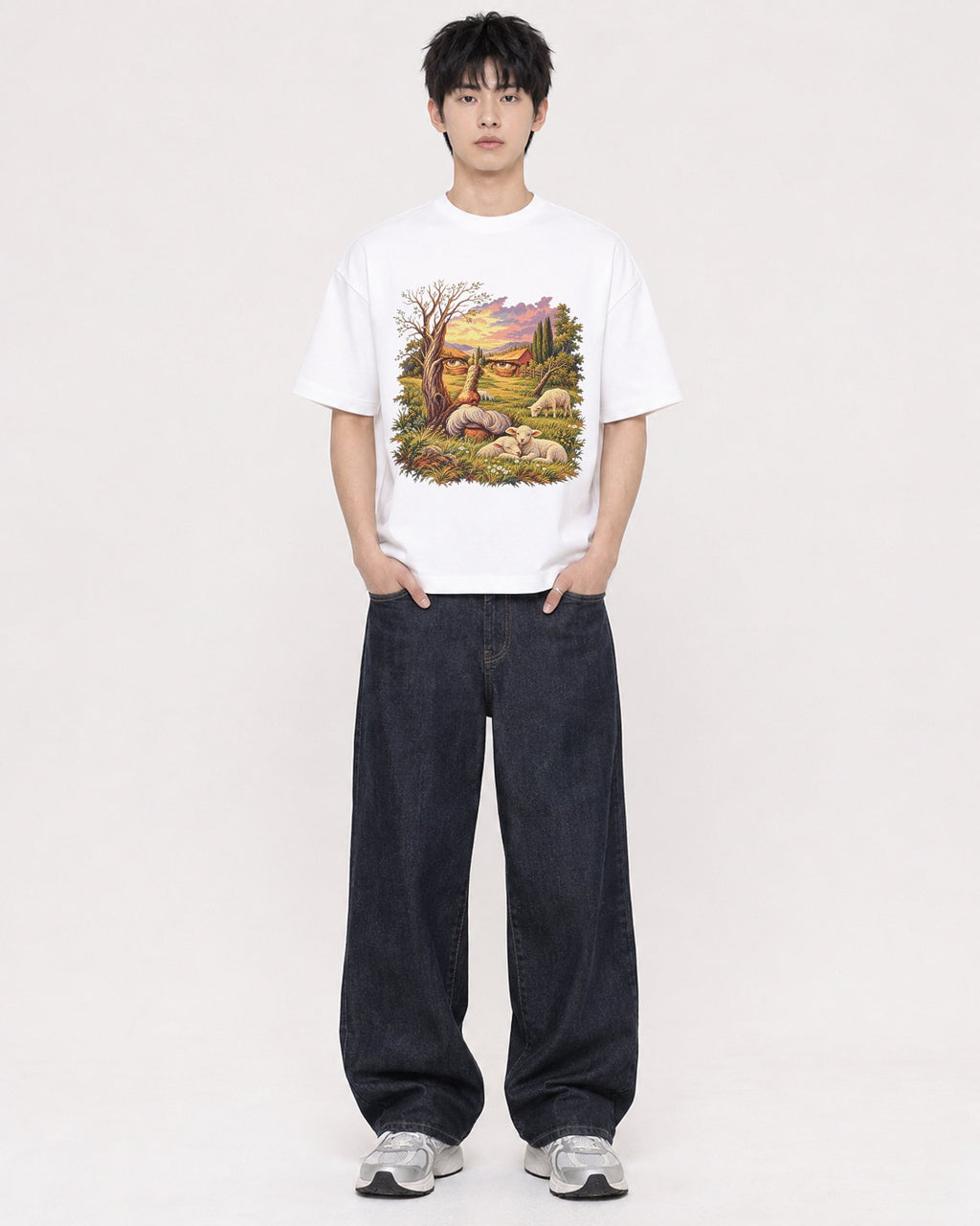 Mockup Boxy Heavyweight Tee White male full-body 01