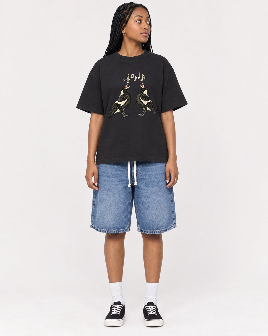 Mockup Boxy Heavyweight Tee Black female full-body 45