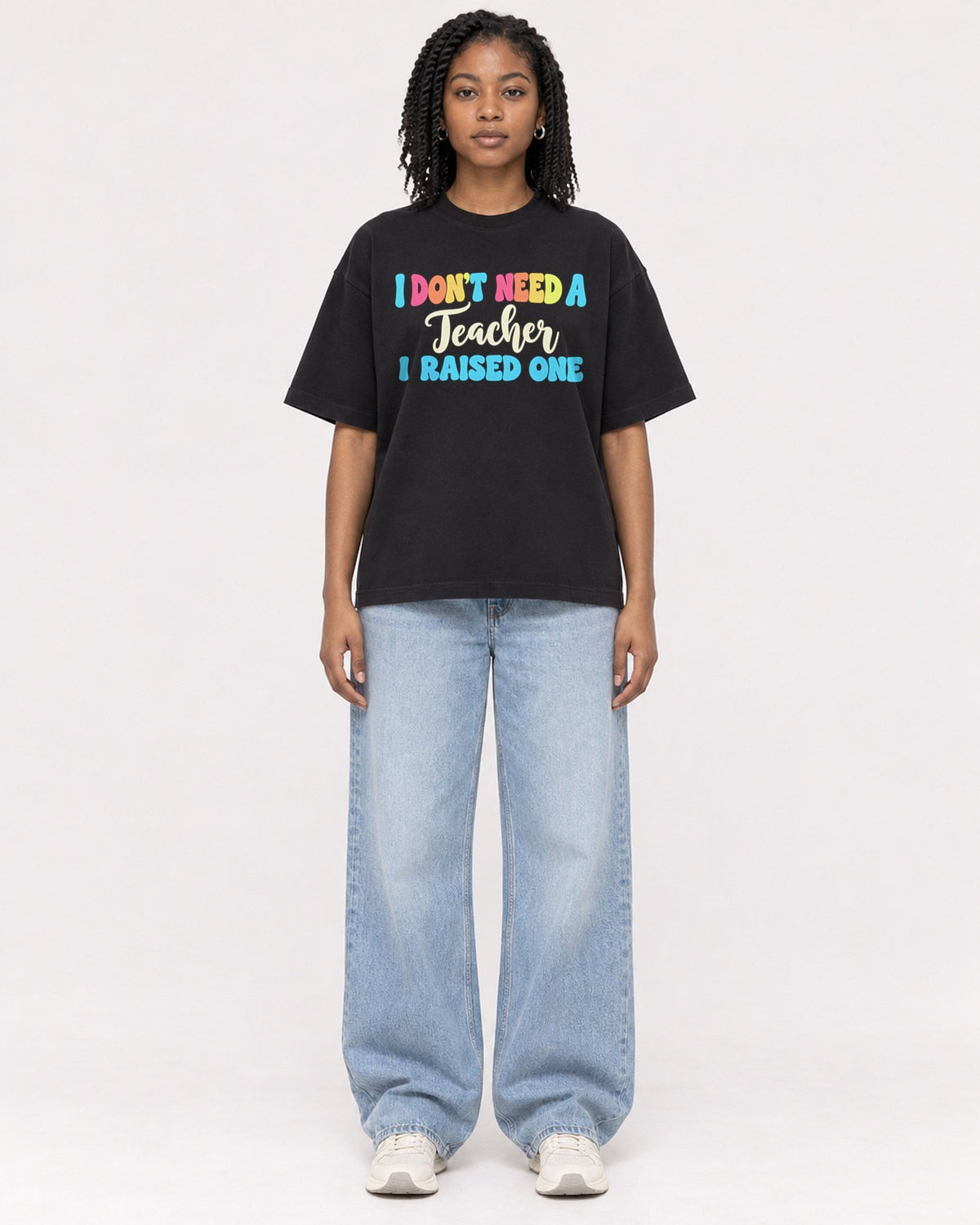 Mockup Boxy Heavyweight Tee Black female full-body 15