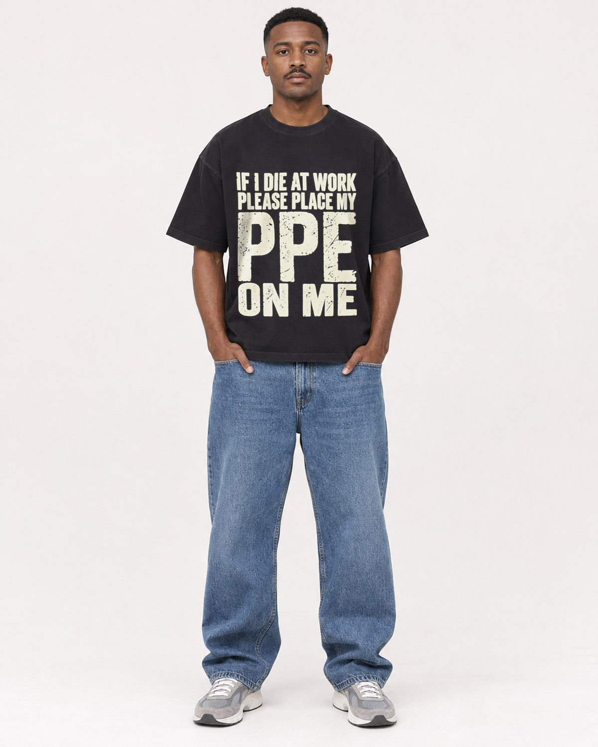 Mockup Boxy Heavyweight Tee Black male full-body 14
