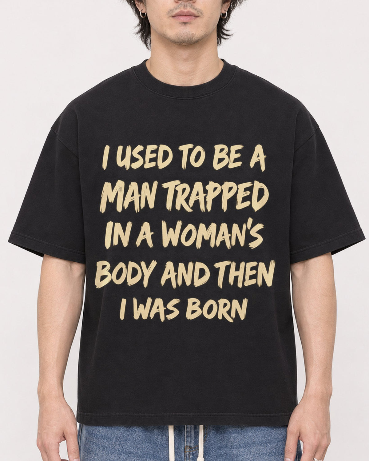 Mockup Boxy Heavyweight Tee Black male close-up 03