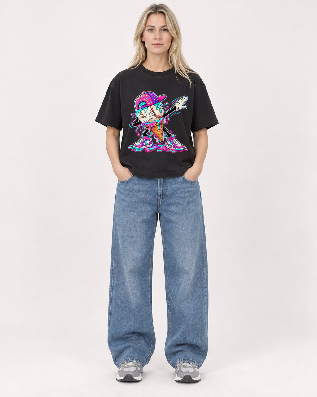 Mockup Boxy Heavyweight Tee Black female full-body 08