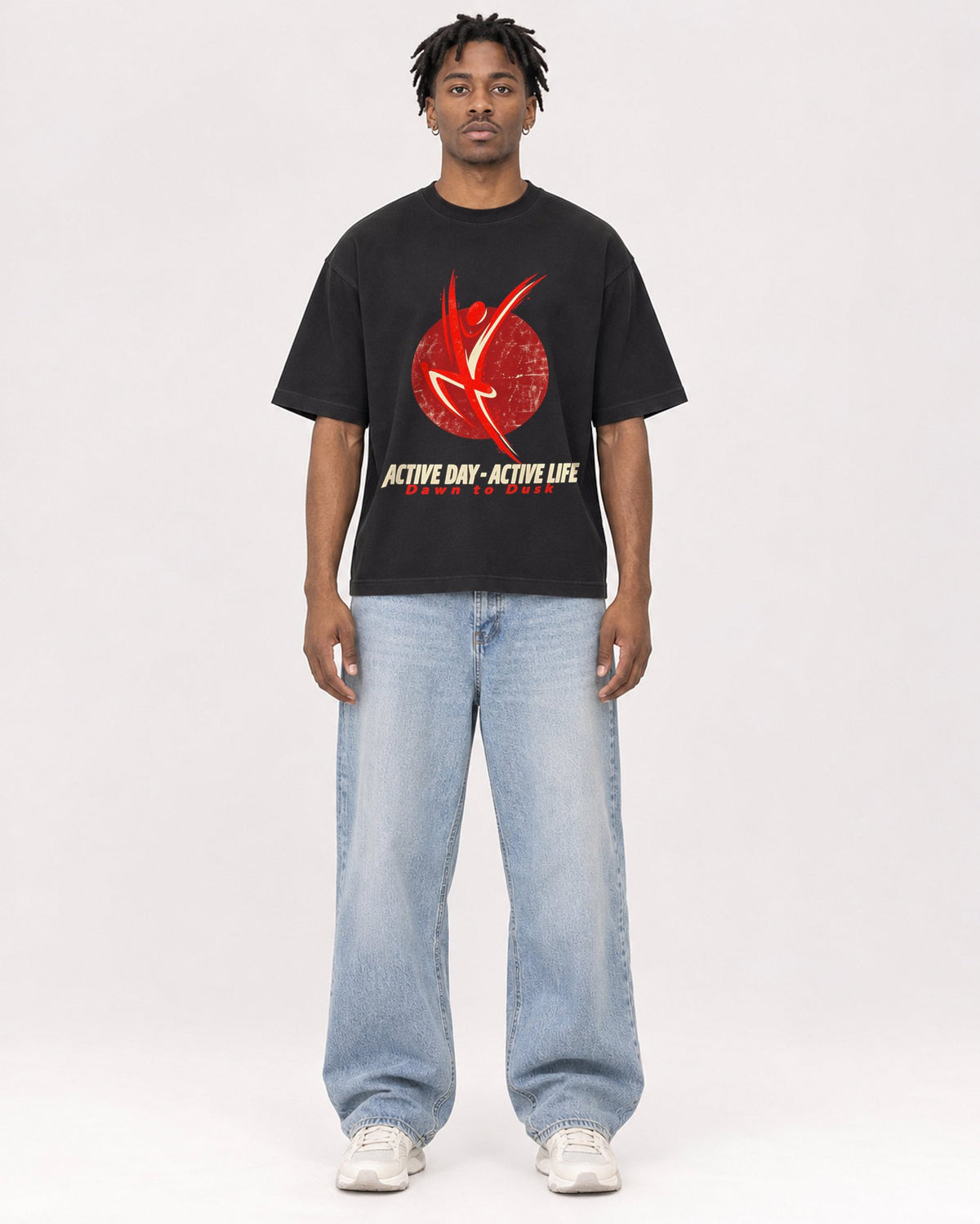 Mockup Boxy Heavyweight Tee Black male full-body 05