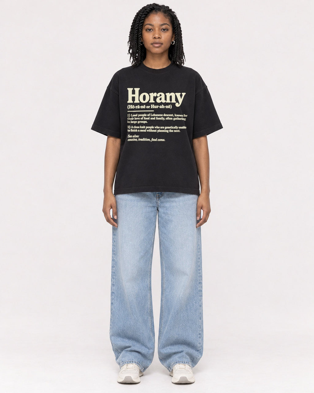 Mockup Boxy Heavyweight Tee Black female full-body 15