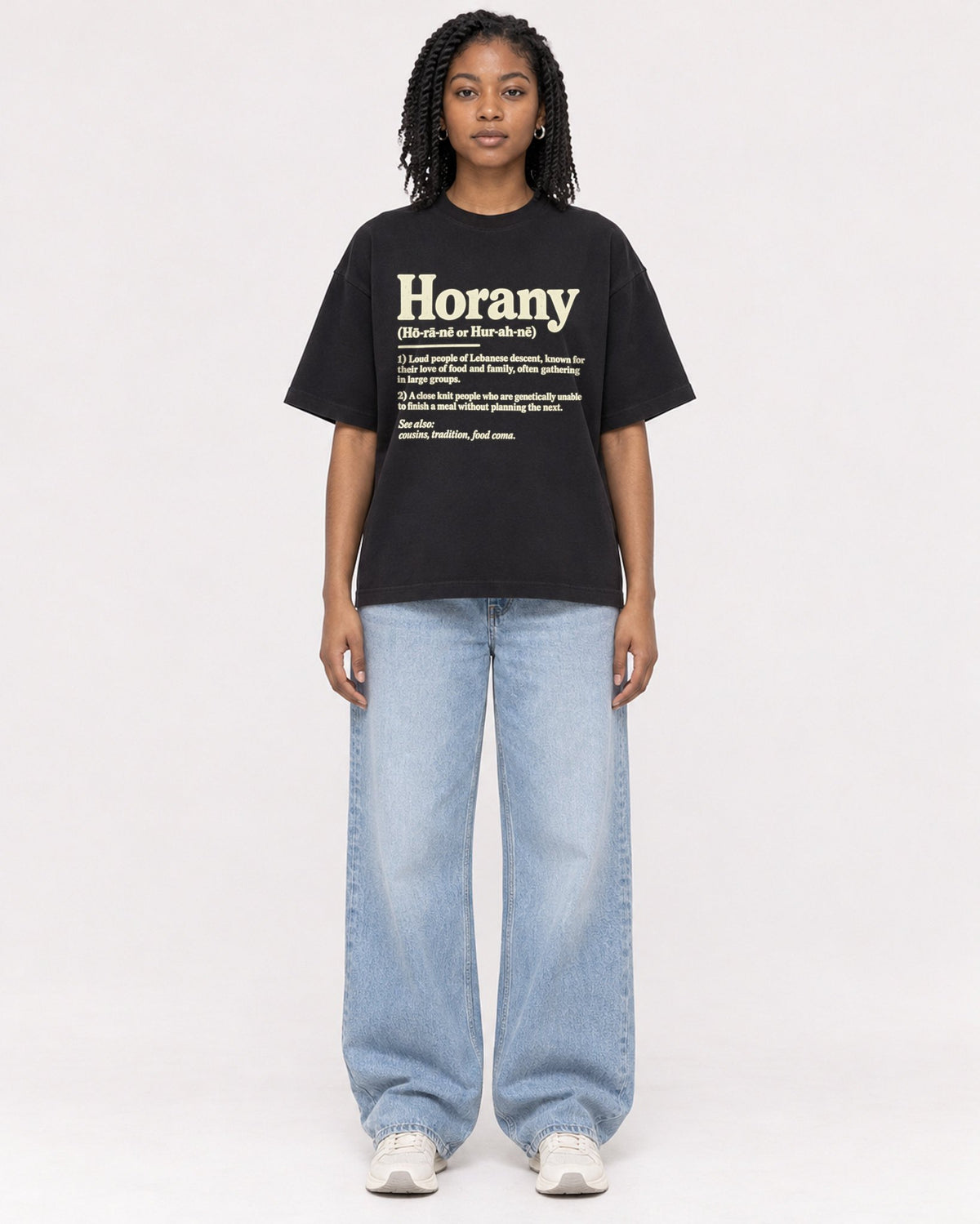 Mockup Boxy Heavyweight Tee Black female full-body 15