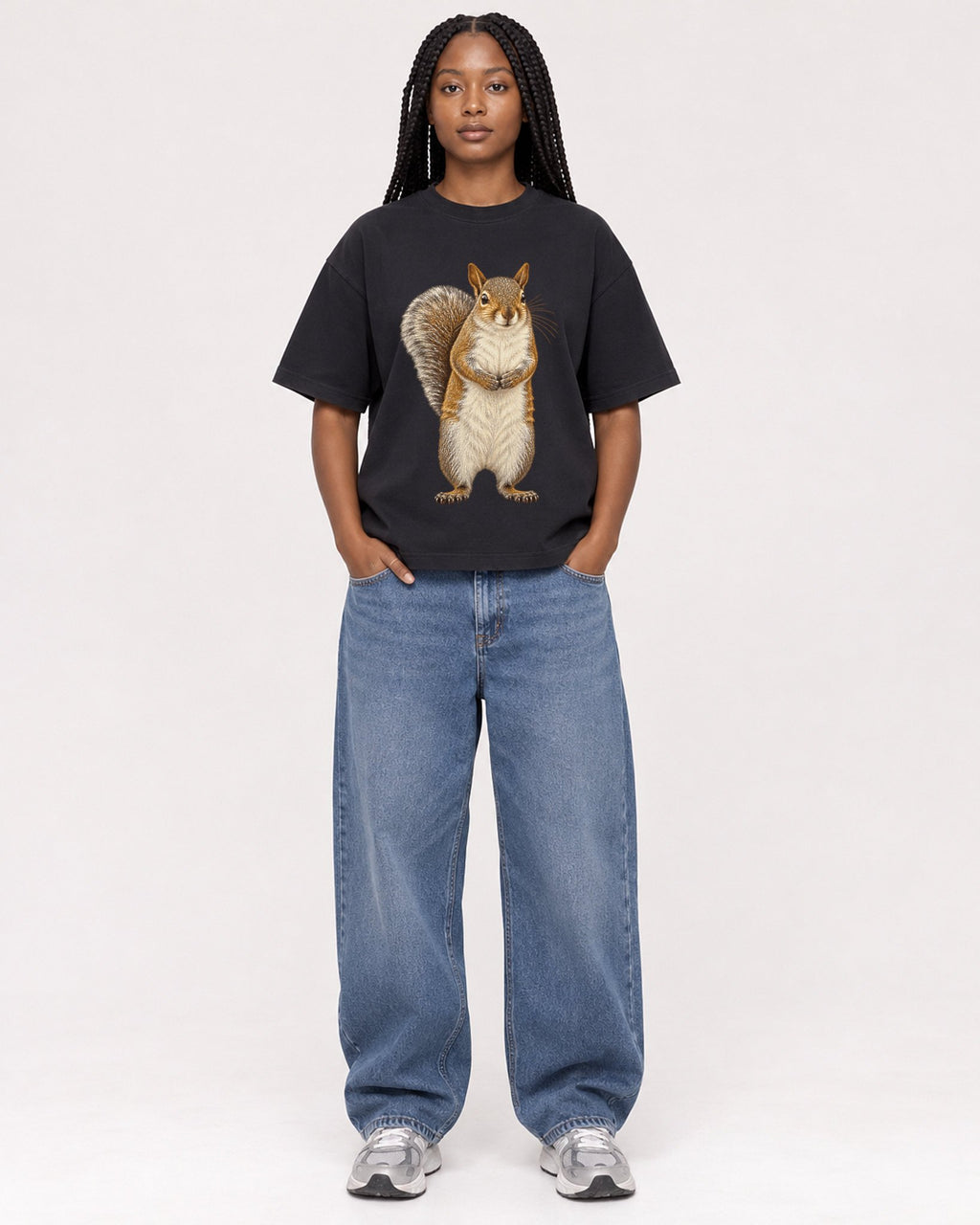 Mockup Boxy Heavyweight Tee Black female full-body 04