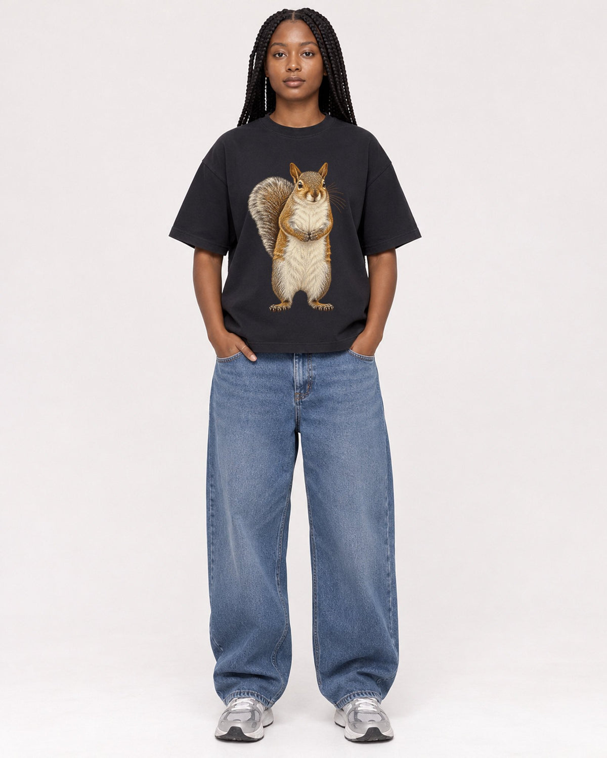 Mockup Boxy Heavyweight Tee Black female full-body 04