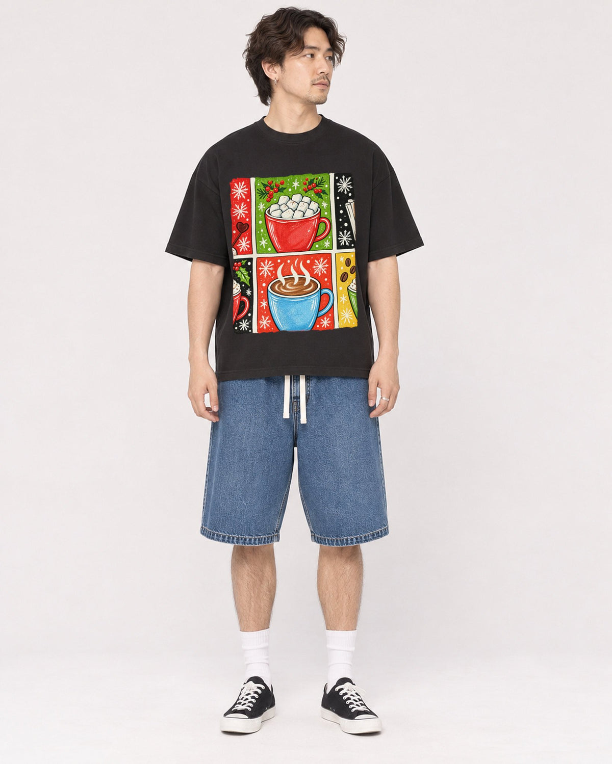 Mockup Boxy Heavyweight Tee Black male full-body 03