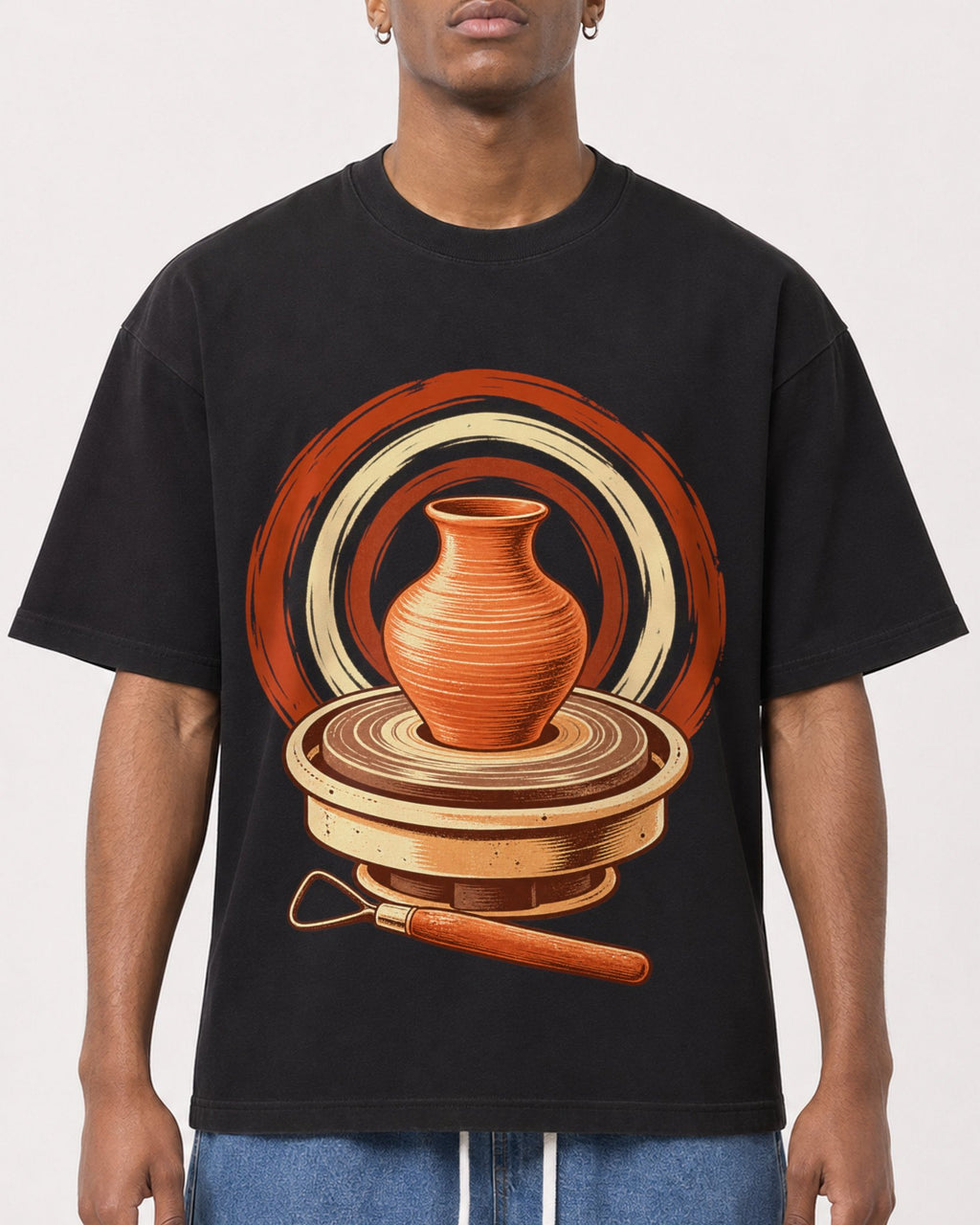 Mockup Boxy Heavyweight Tee Black male close-up 15