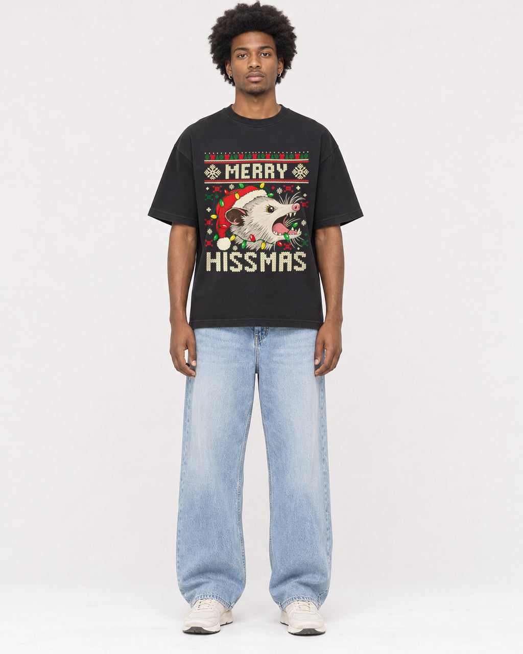 Mockup Boxy Heavyweight Tee Black male full-body 45