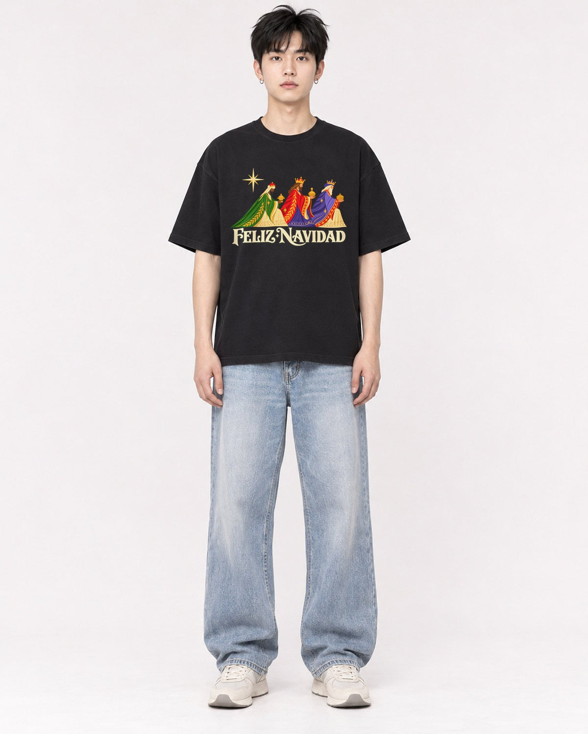 Mockup Boxy Heavyweight Tee Black male full-body 01