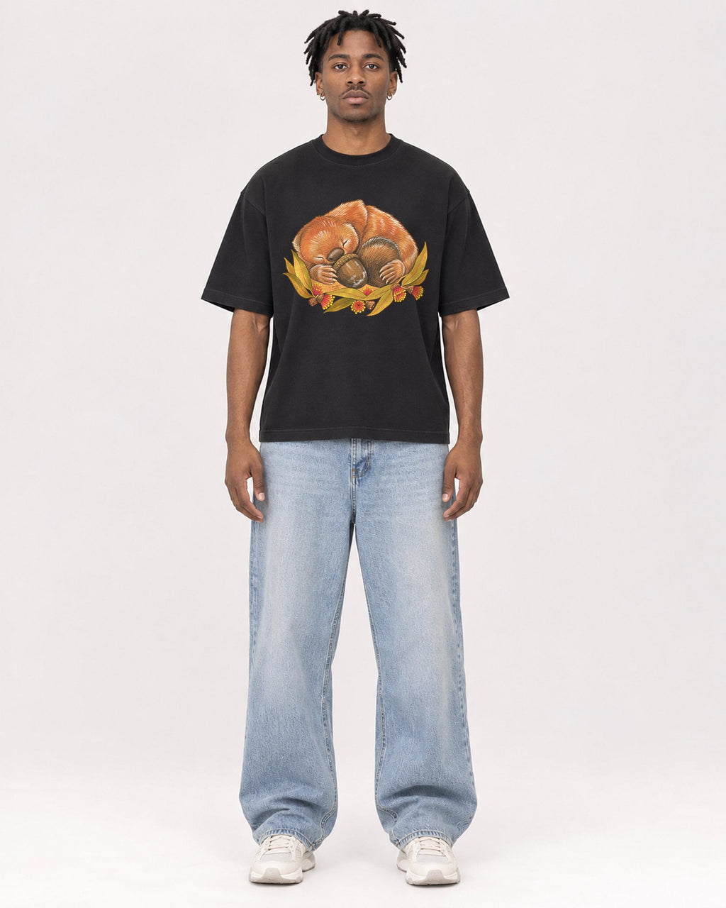 Mockup Boxy Heavyweight Tee Black male full-body 05