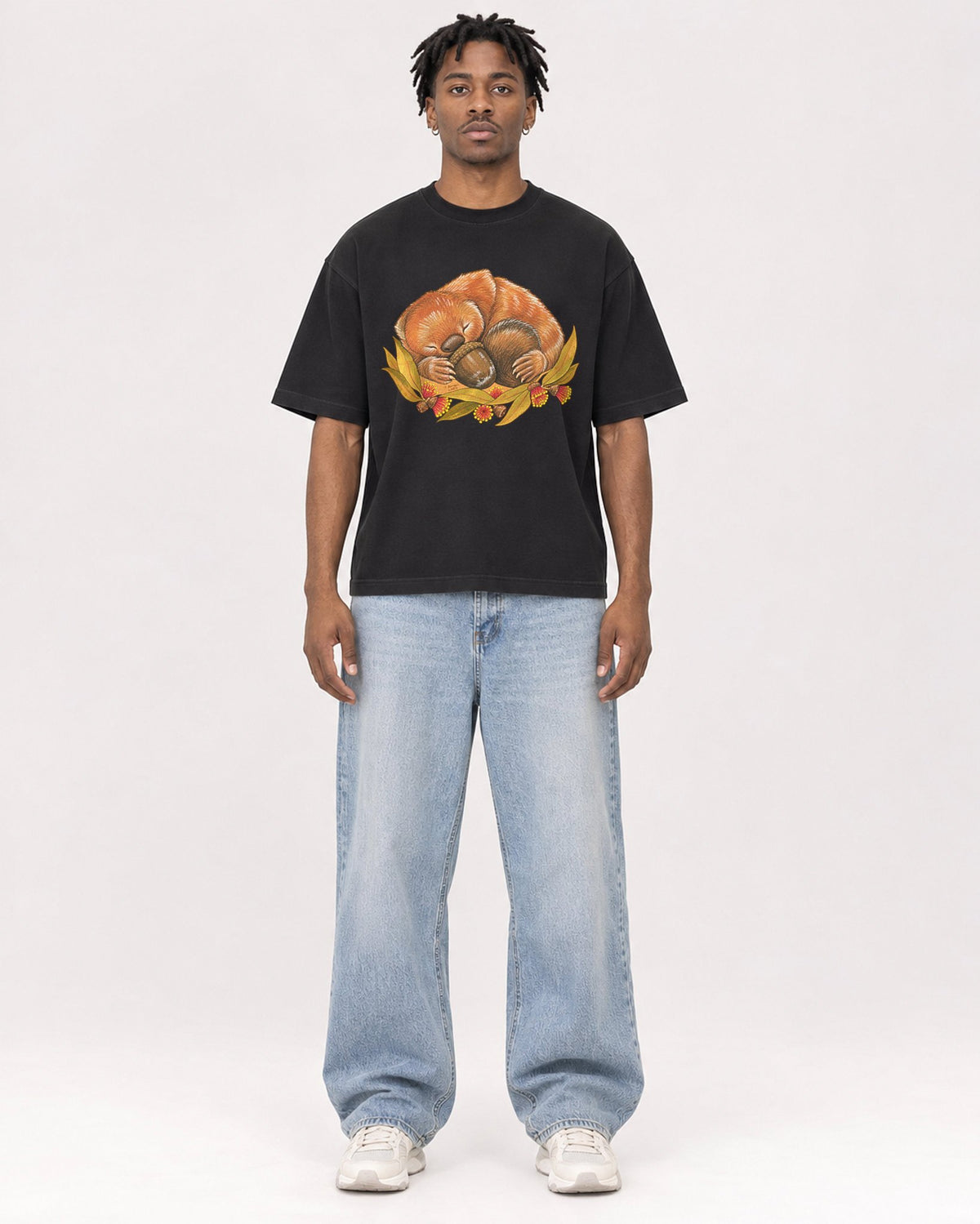 Mockup Boxy Heavyweight Tee Black male full-body 05