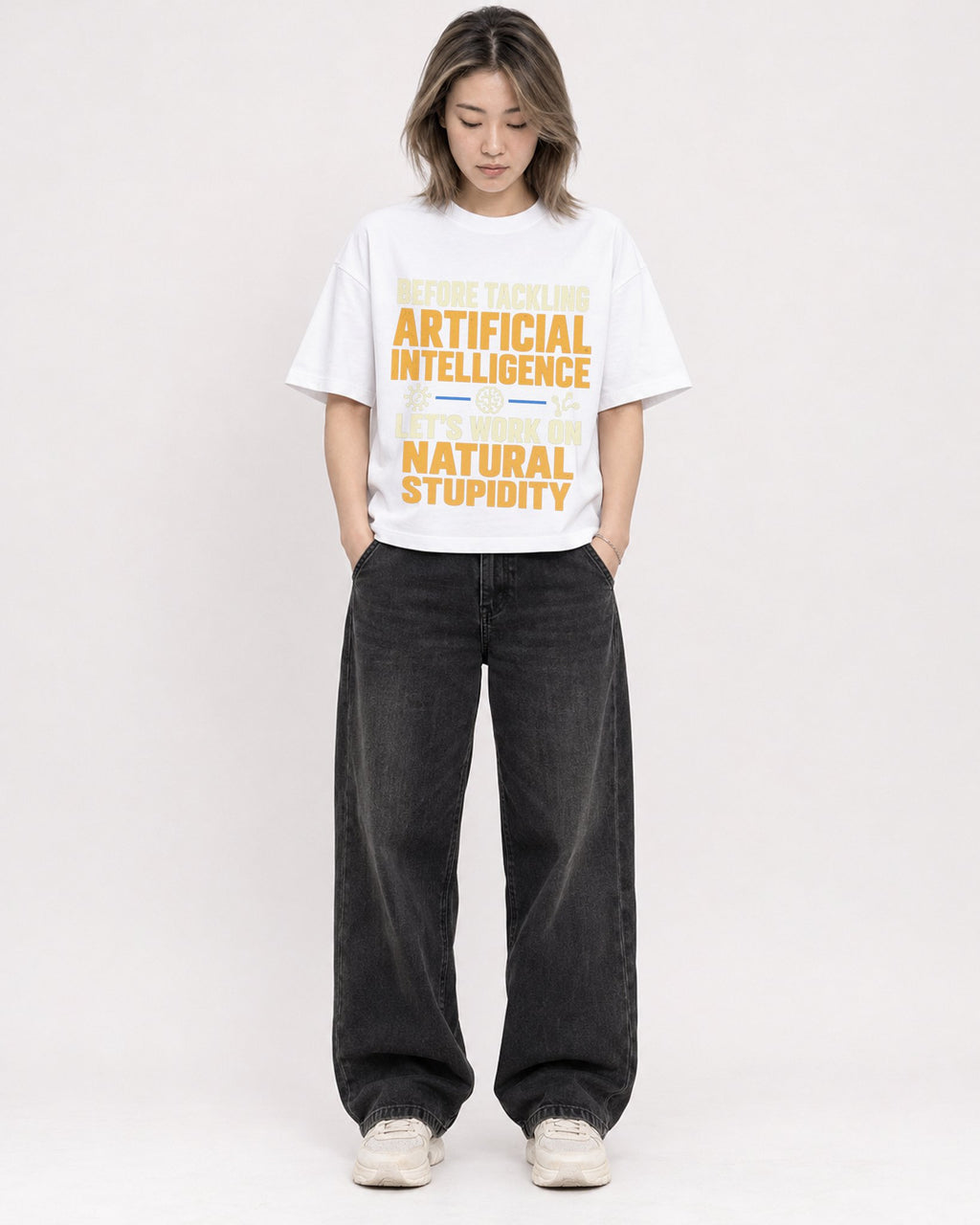 Mockup Boxy Heavyweight Tee White female full-body 33