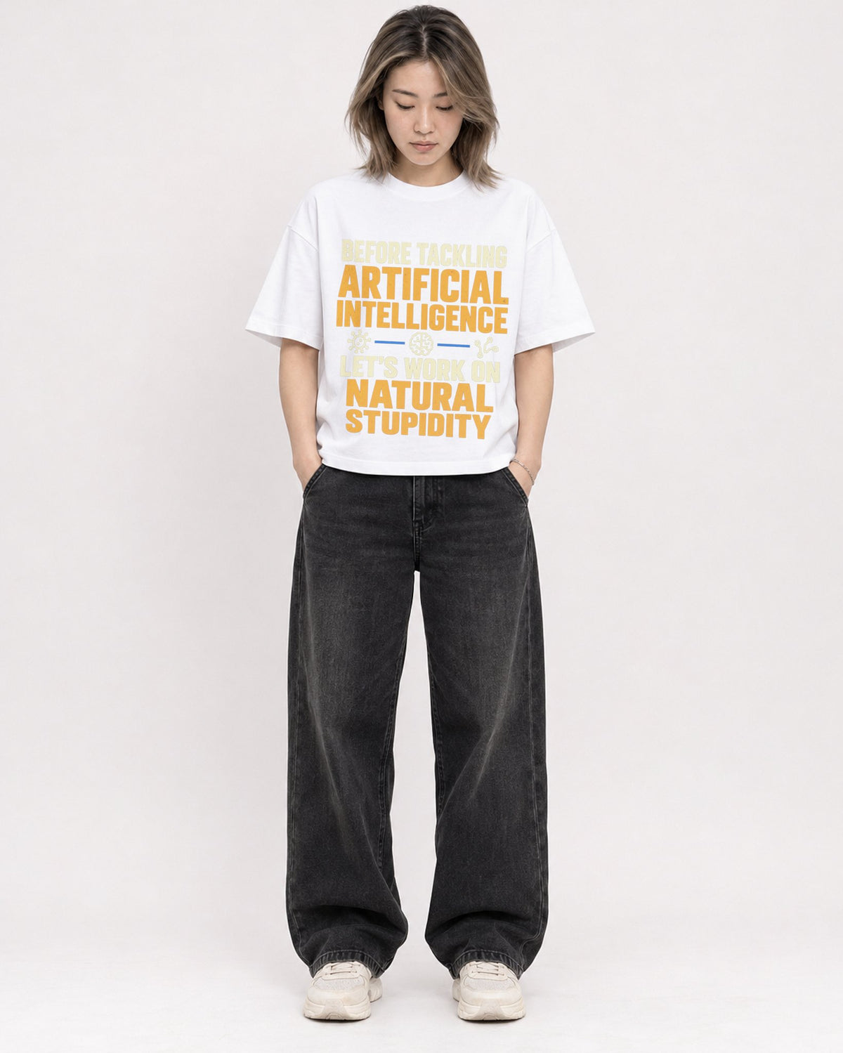Mockup Boxy Heavyweight Tee White female full-body 33