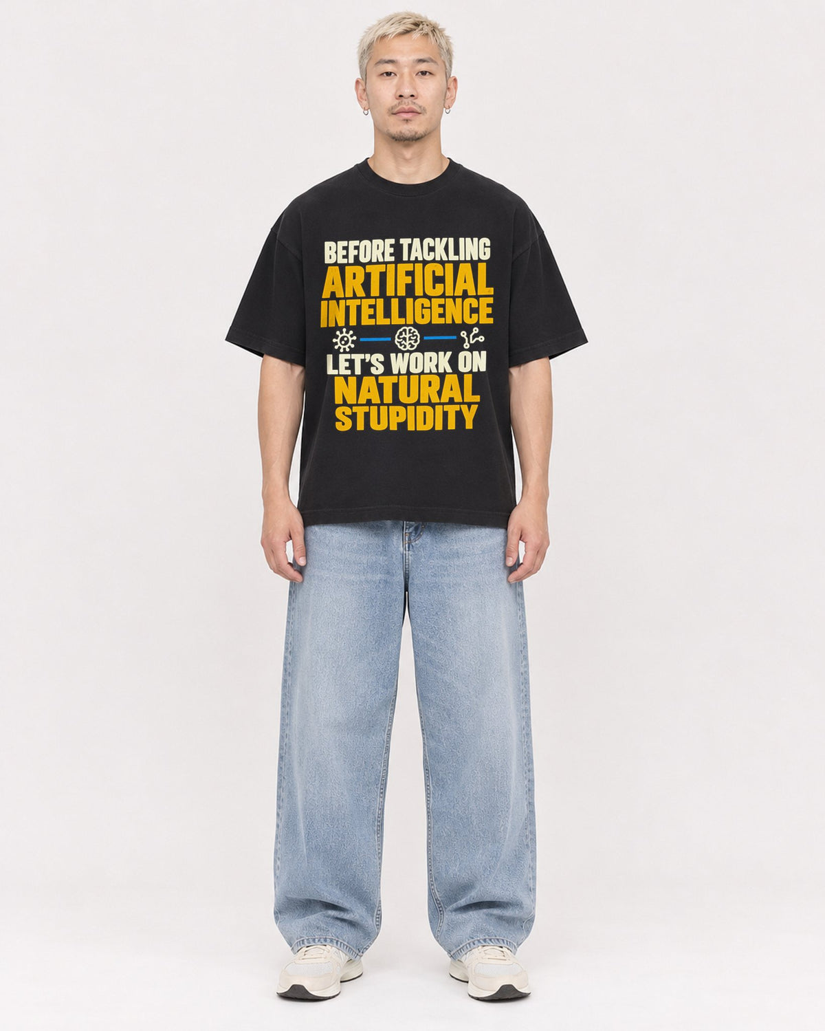 Mockup Boxy Heavyweight Tee Black male full-body 33