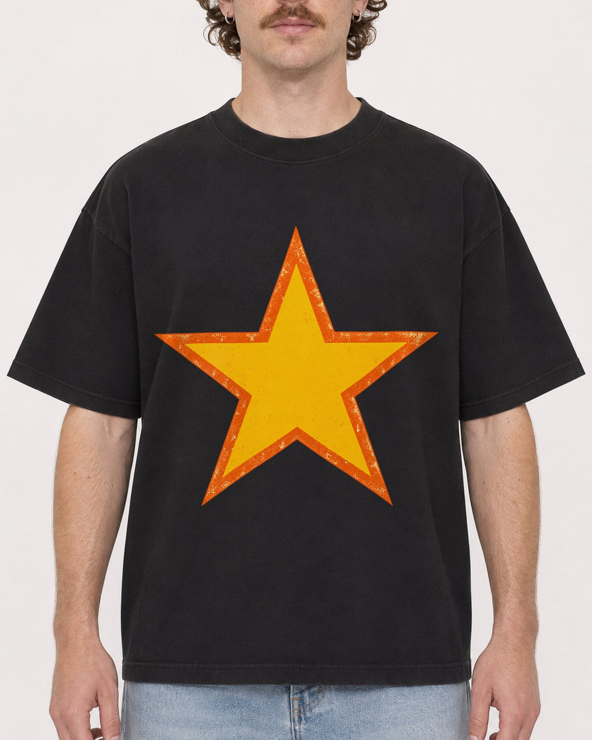 Mockup Boxy Heavyweight Tee Black male close-up 09
