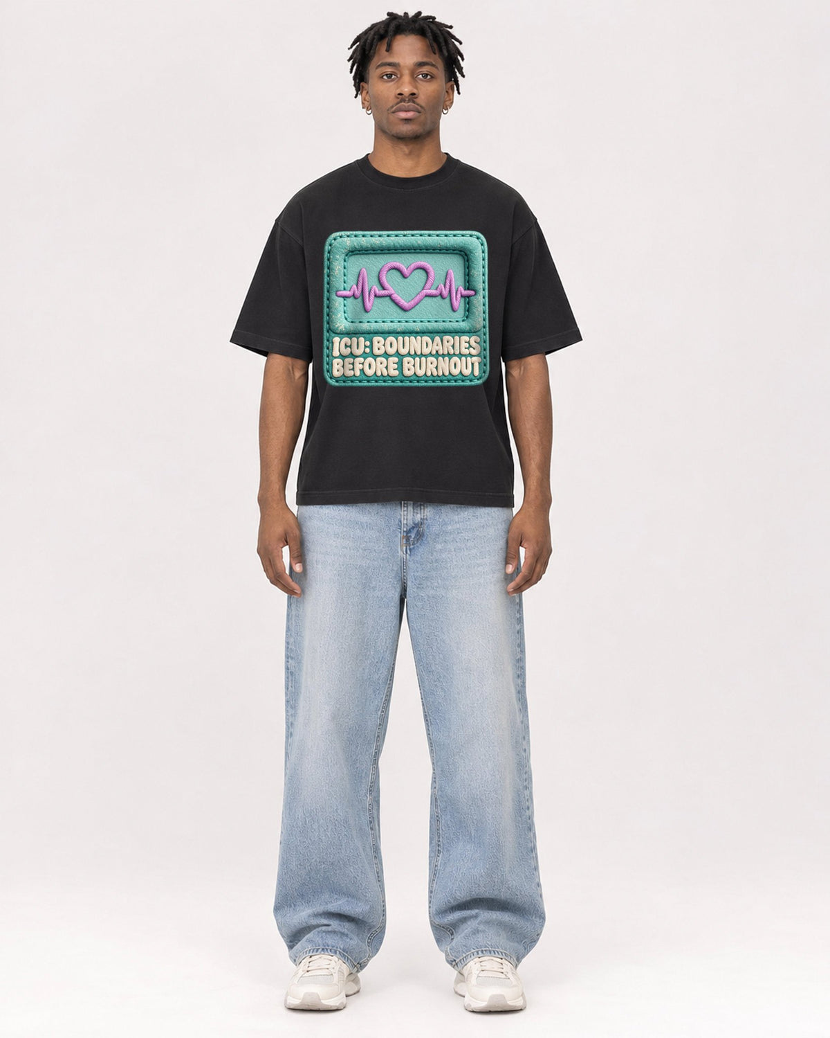 Mockup Boxy Heavyweight Tee Black male full-body 05