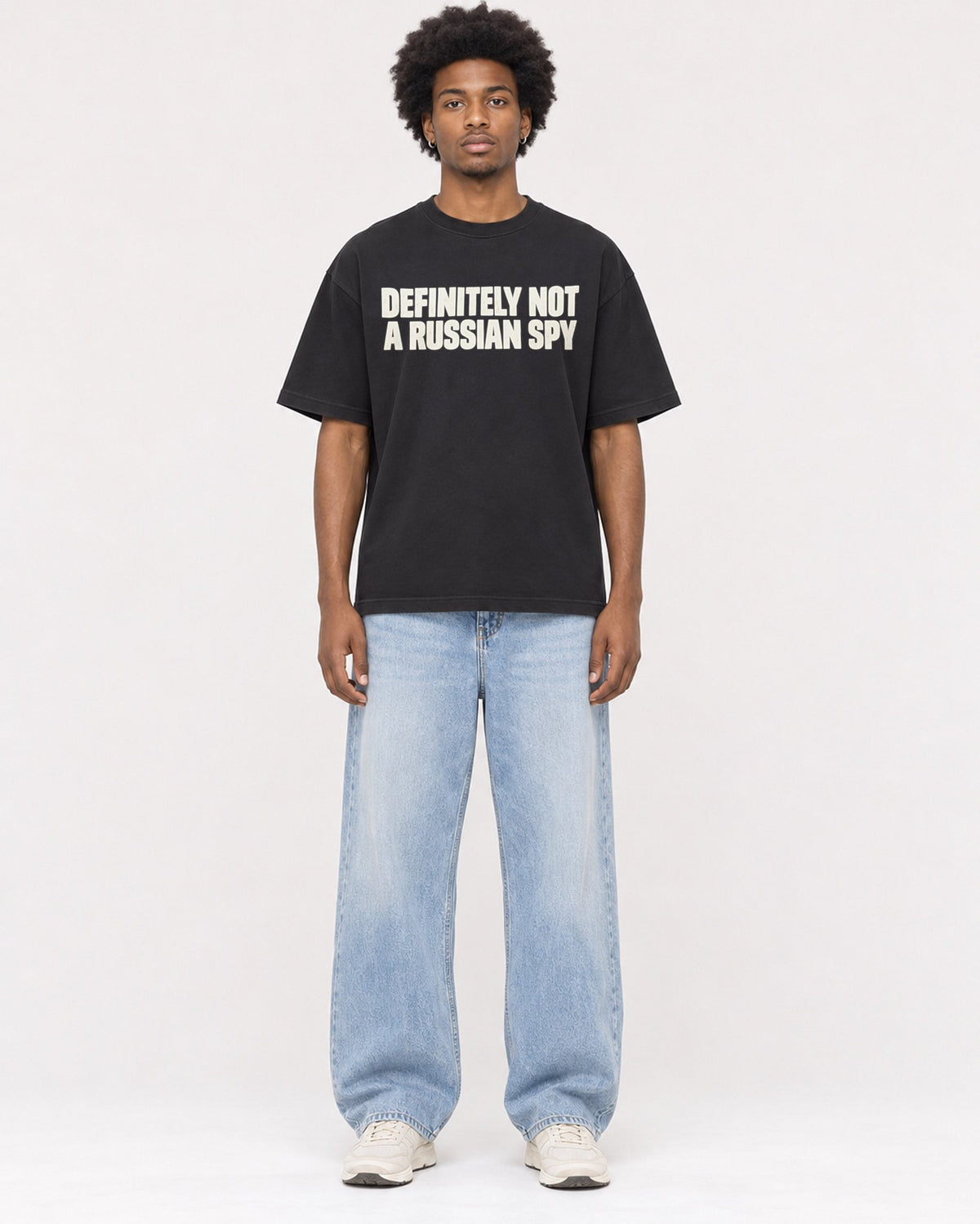 Mockup Boxy Heavyweight Tee Black male full-body 45
