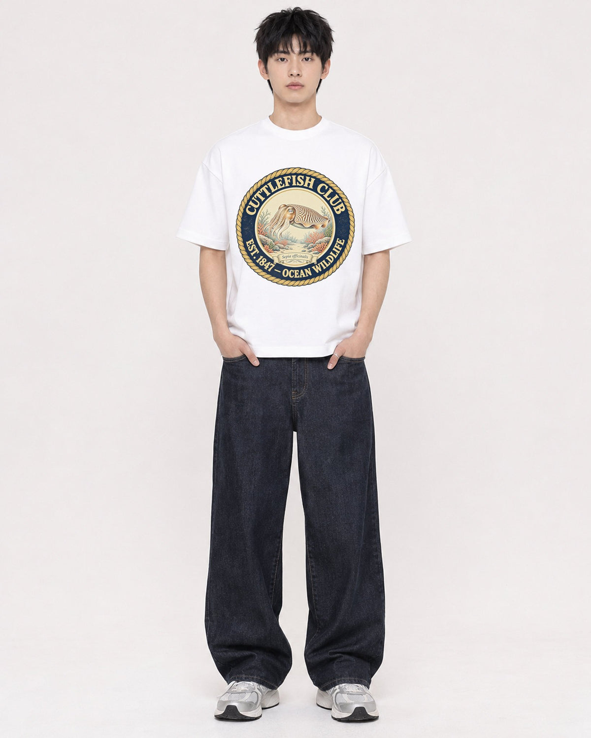 Mockup Boxy Heavyweight Tee White male full-body 01