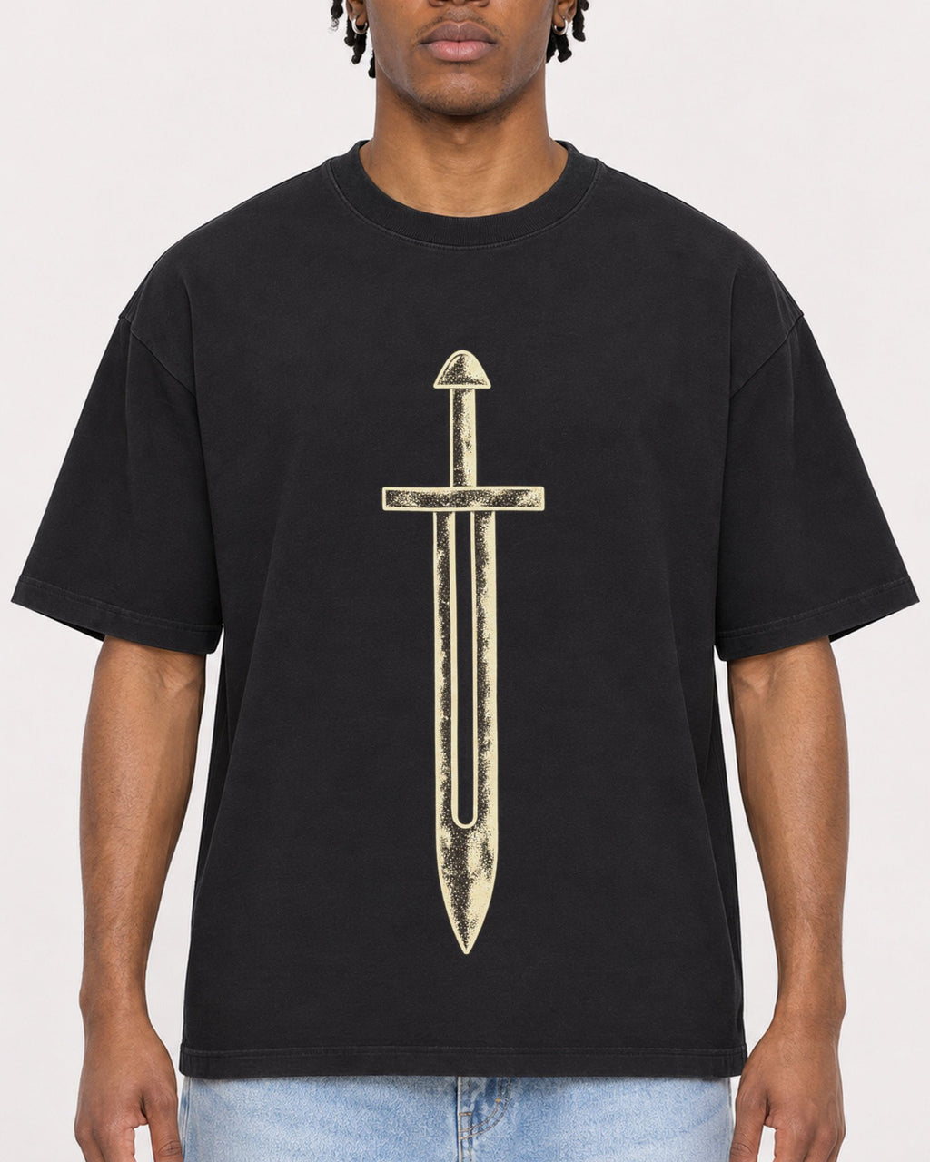 Mockup Boxy Heavyweight Tee Black male close-up 05