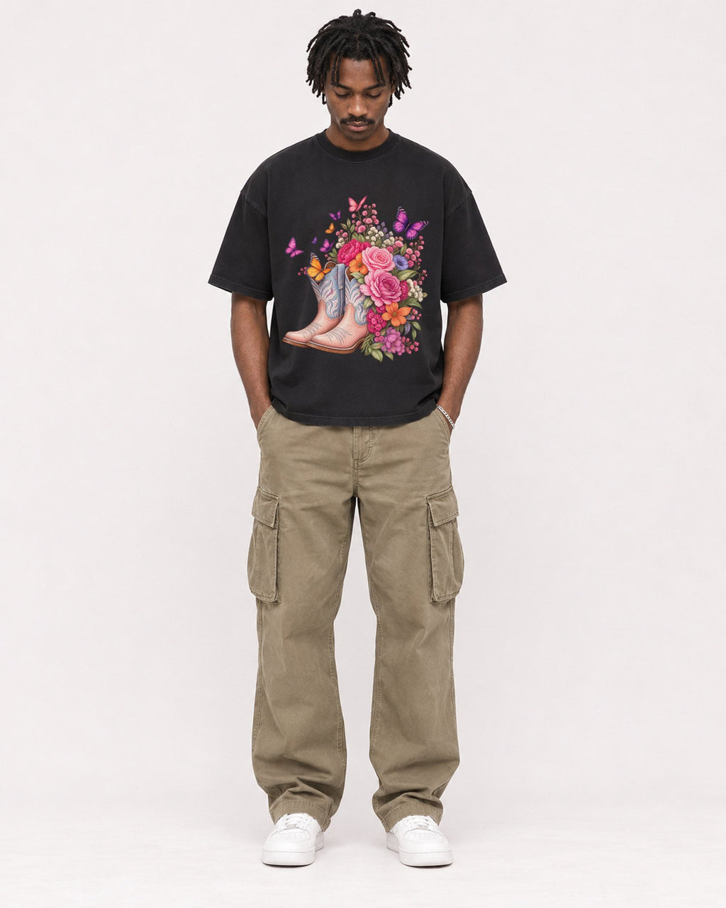 Mockup Boxy Heavyweight Tee Black male full-body 04