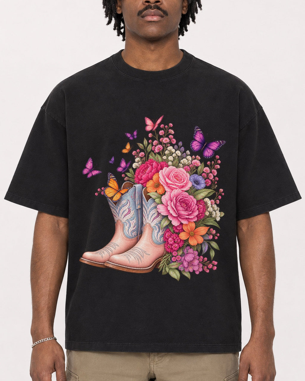 Mockup Boxy Heavyweight Tee Black male close-up 04