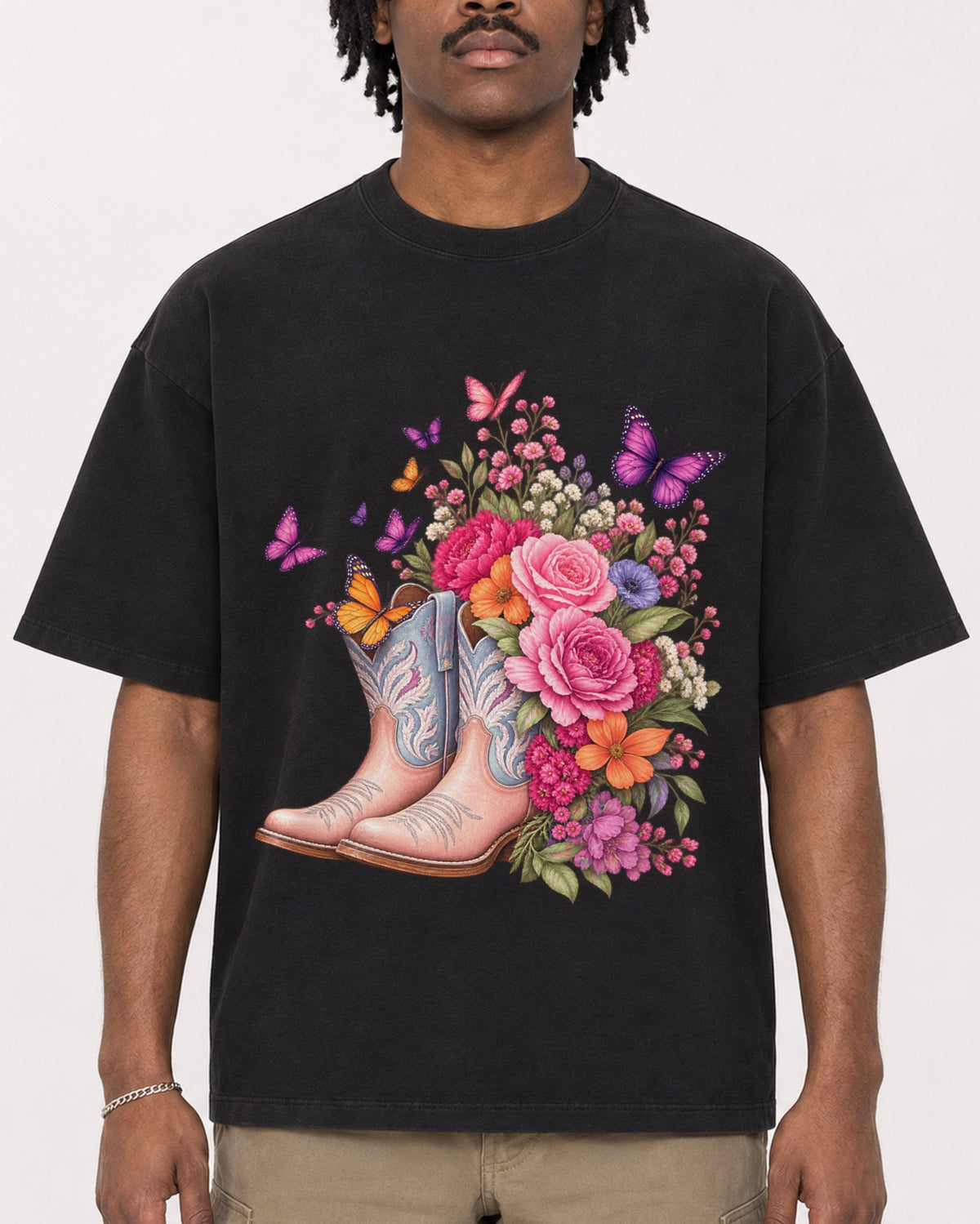 Mockup Boxy Heavyweight Tee Black male close-up 04