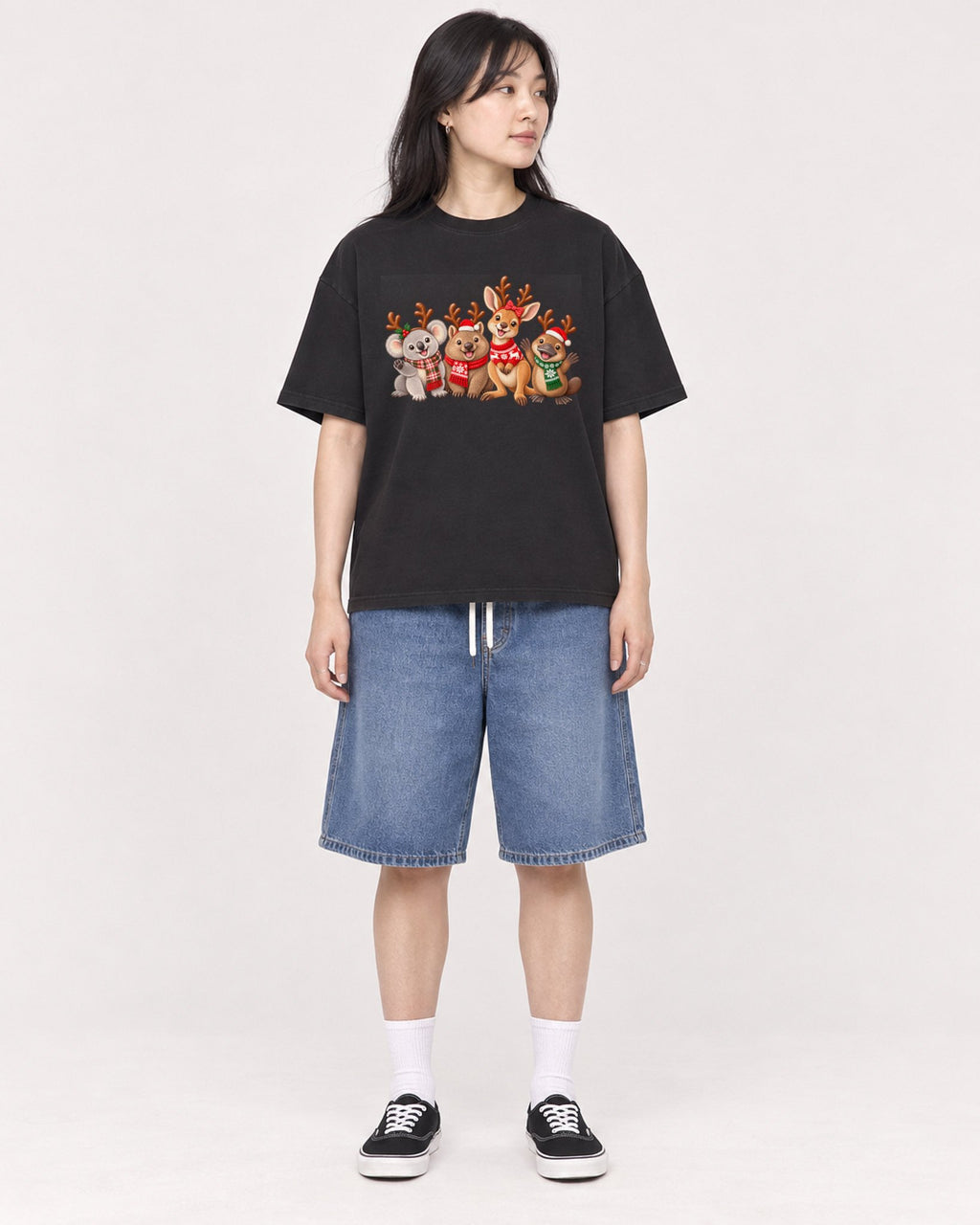 Mockup Boxy Heavyweight Tee Black female full-body 13