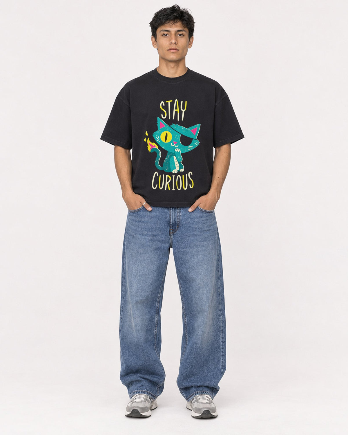 Mockup Boxy Heavyweight Tee Black male full-body 46