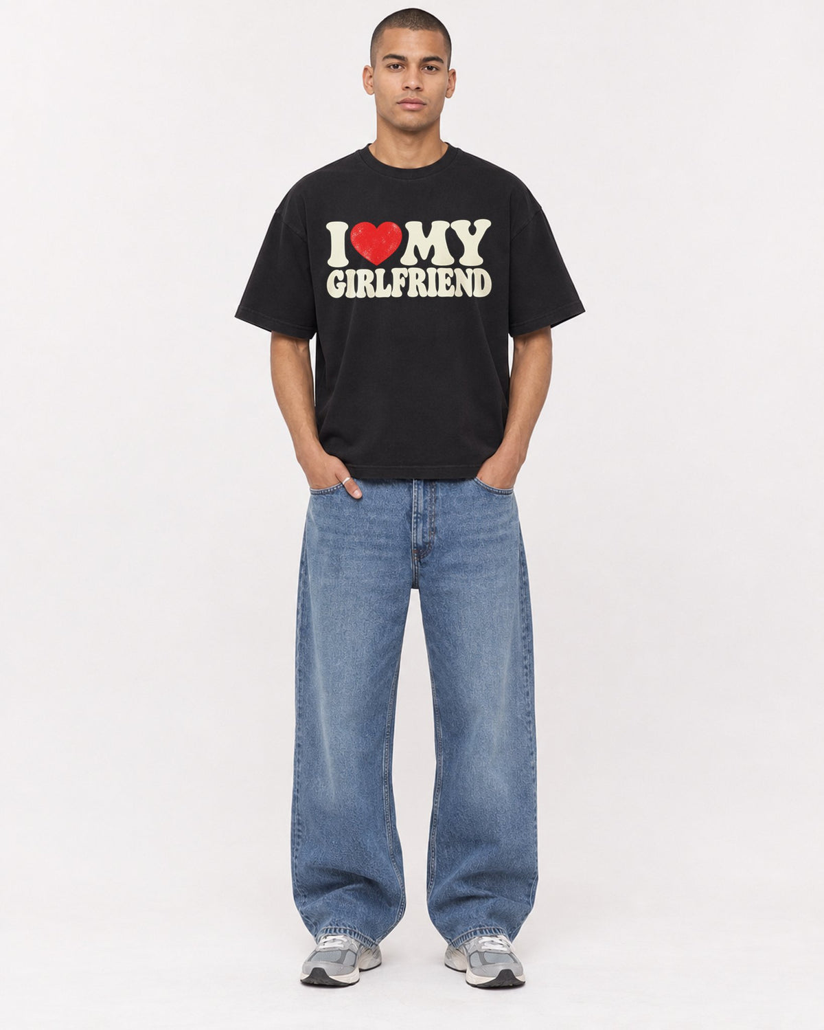 Mockup Boxy Heavyweight Tee Black male full-body 50