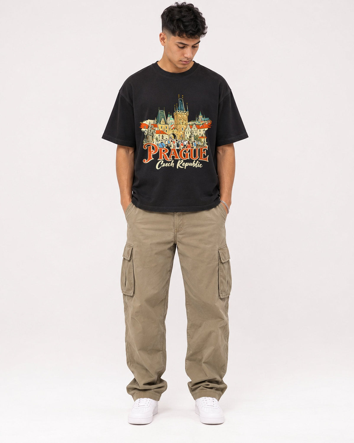 Mockup Boxy Heavyweight Tee Black male full-body 16