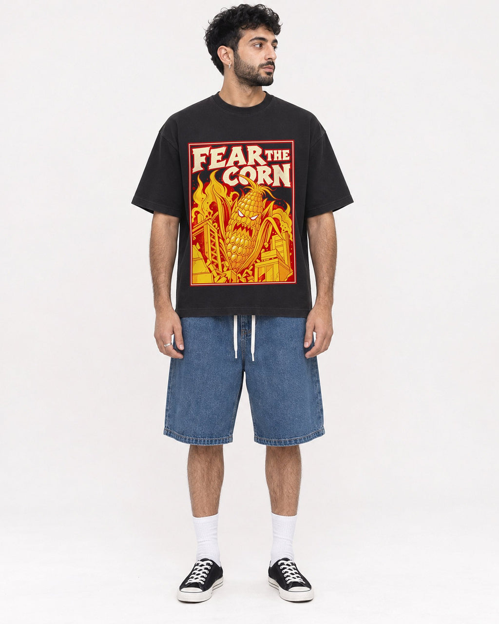 Mockup Boxy Heavyweight Tee Black male full-body 07