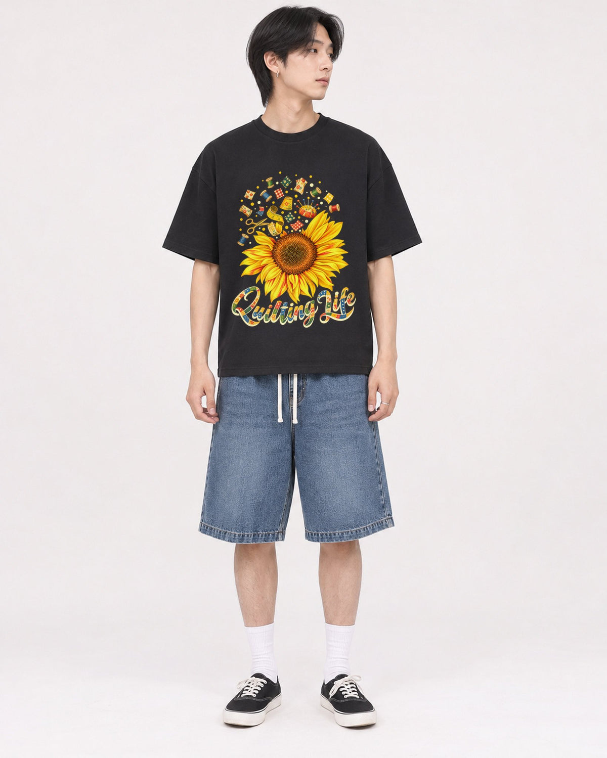 Mockup Boxy Heavyweight Tee Black male full-body 11