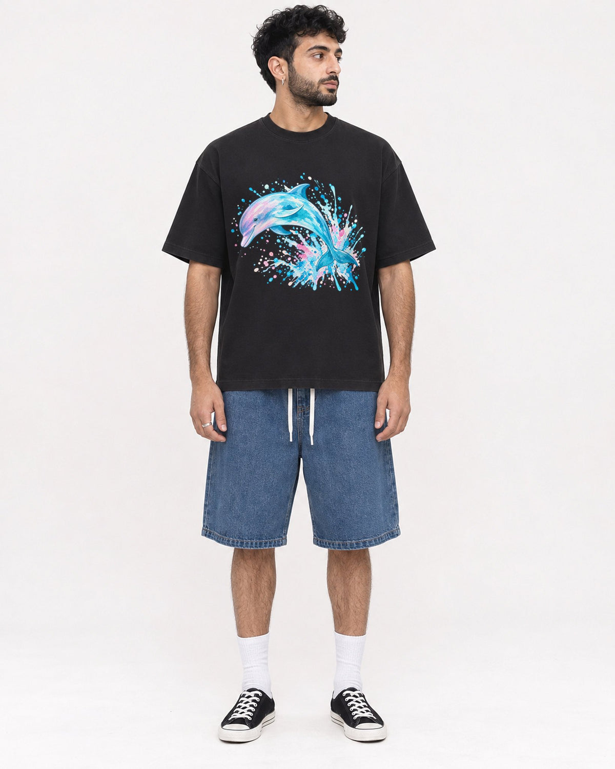 Mockup Boxy Heavyweight Tee Black male full-body 07