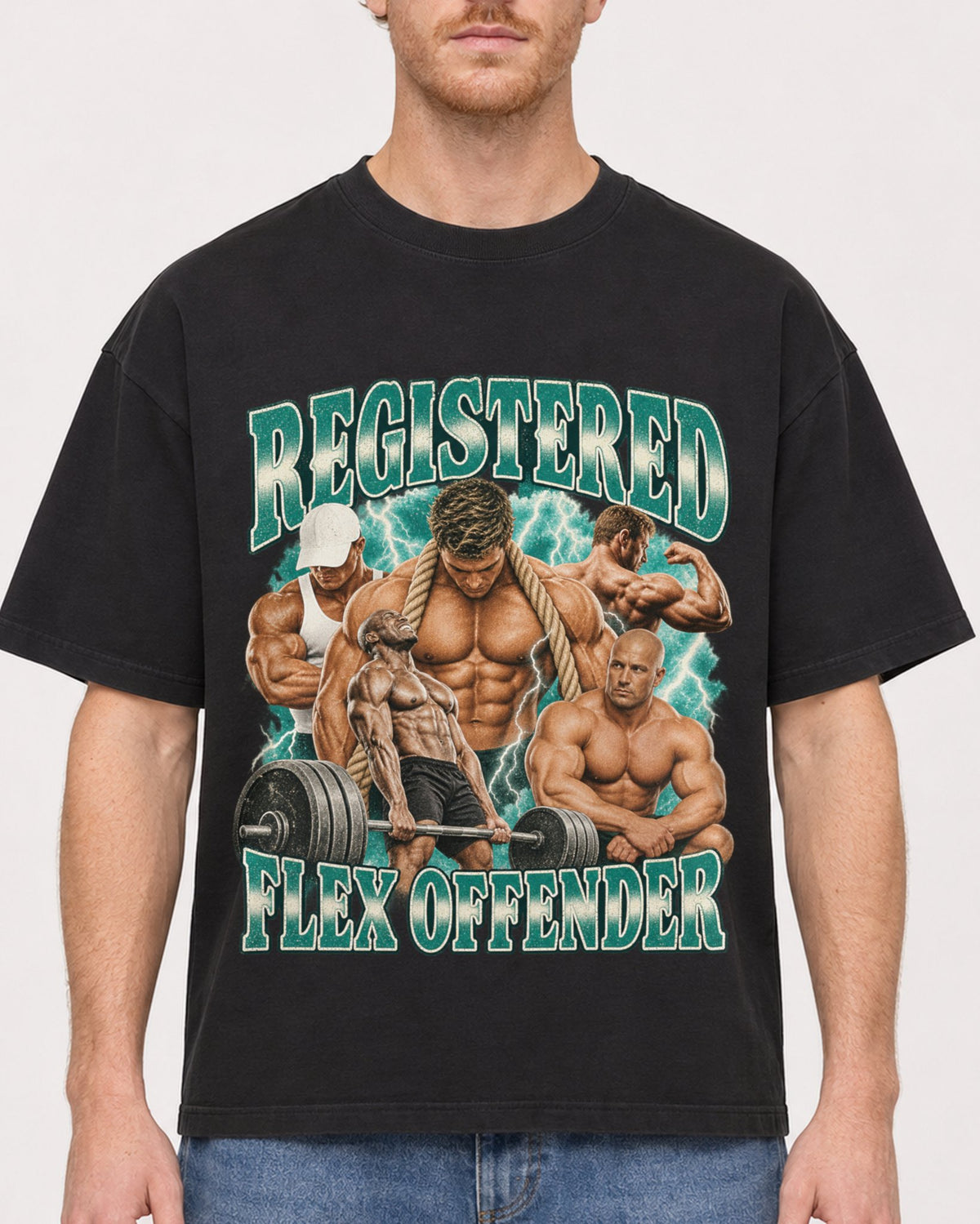 Mockup Boxy Heavyweight Tee Black male close-up 38