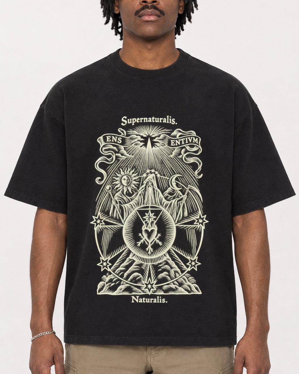 Mockup Boxy Heavyweight Tee Black male close-up 04