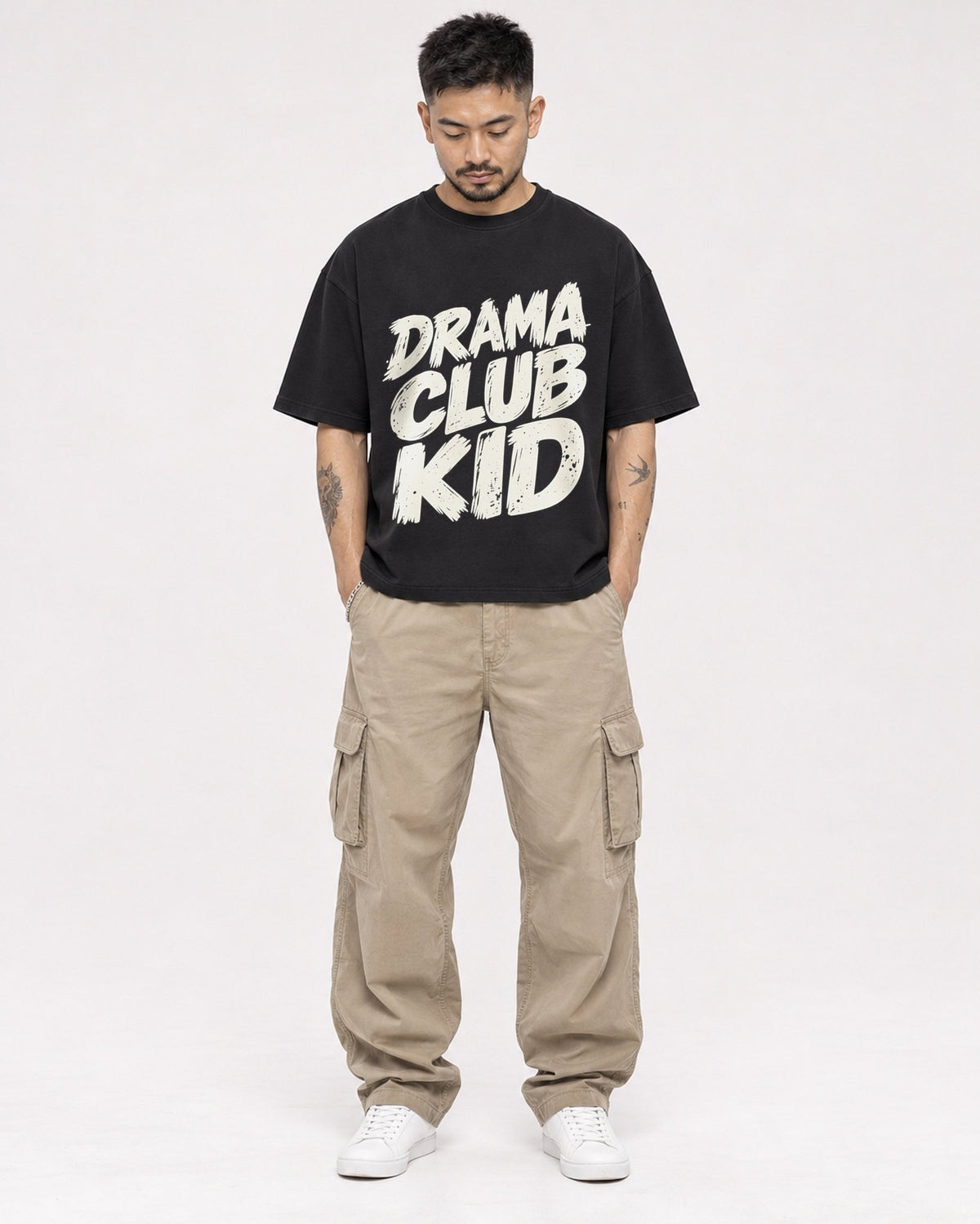 Mockup Boxy Heavyweight Tee Black male full-body 12