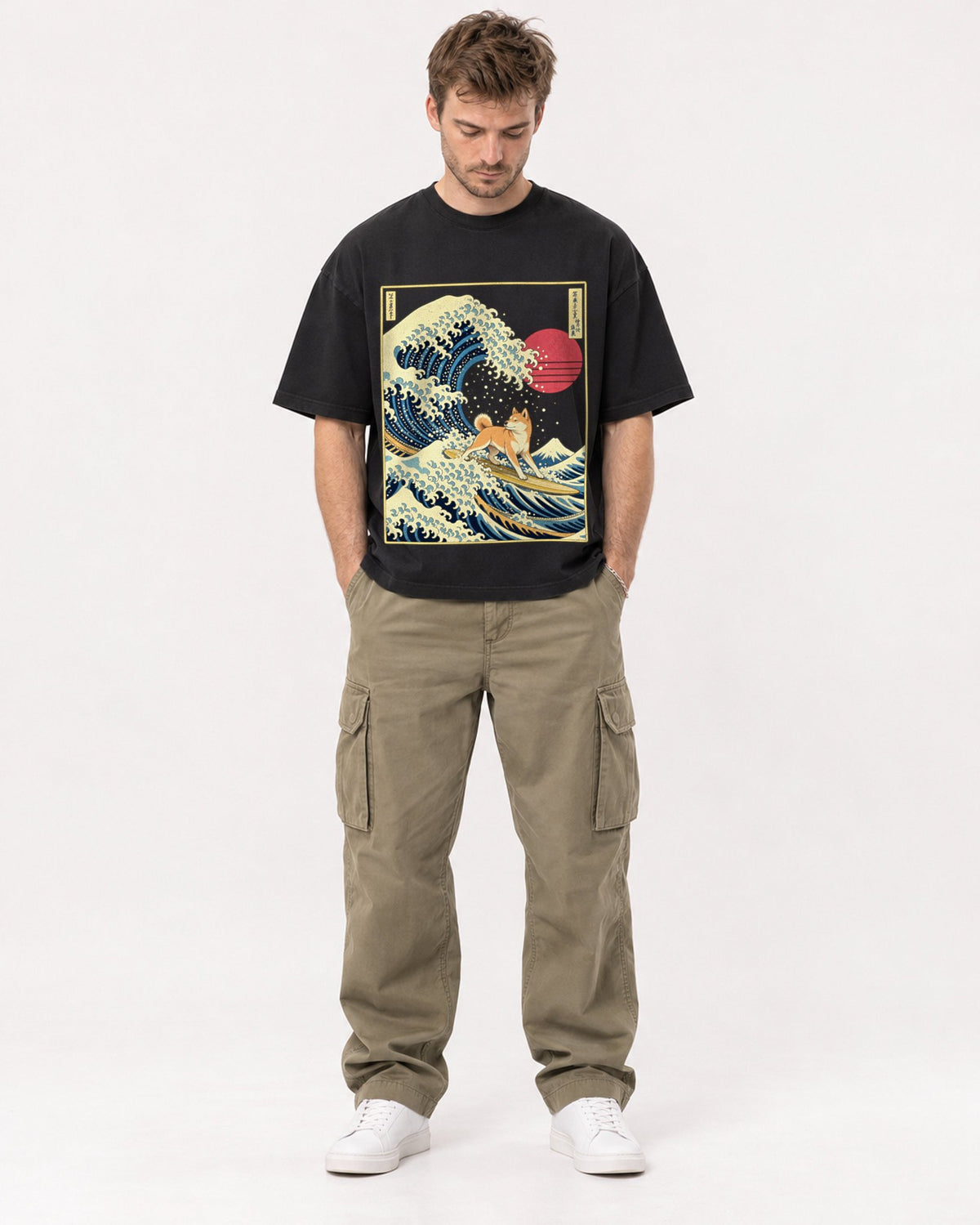 Mockup Boxy Heavyweight Tee Black male full-body 08