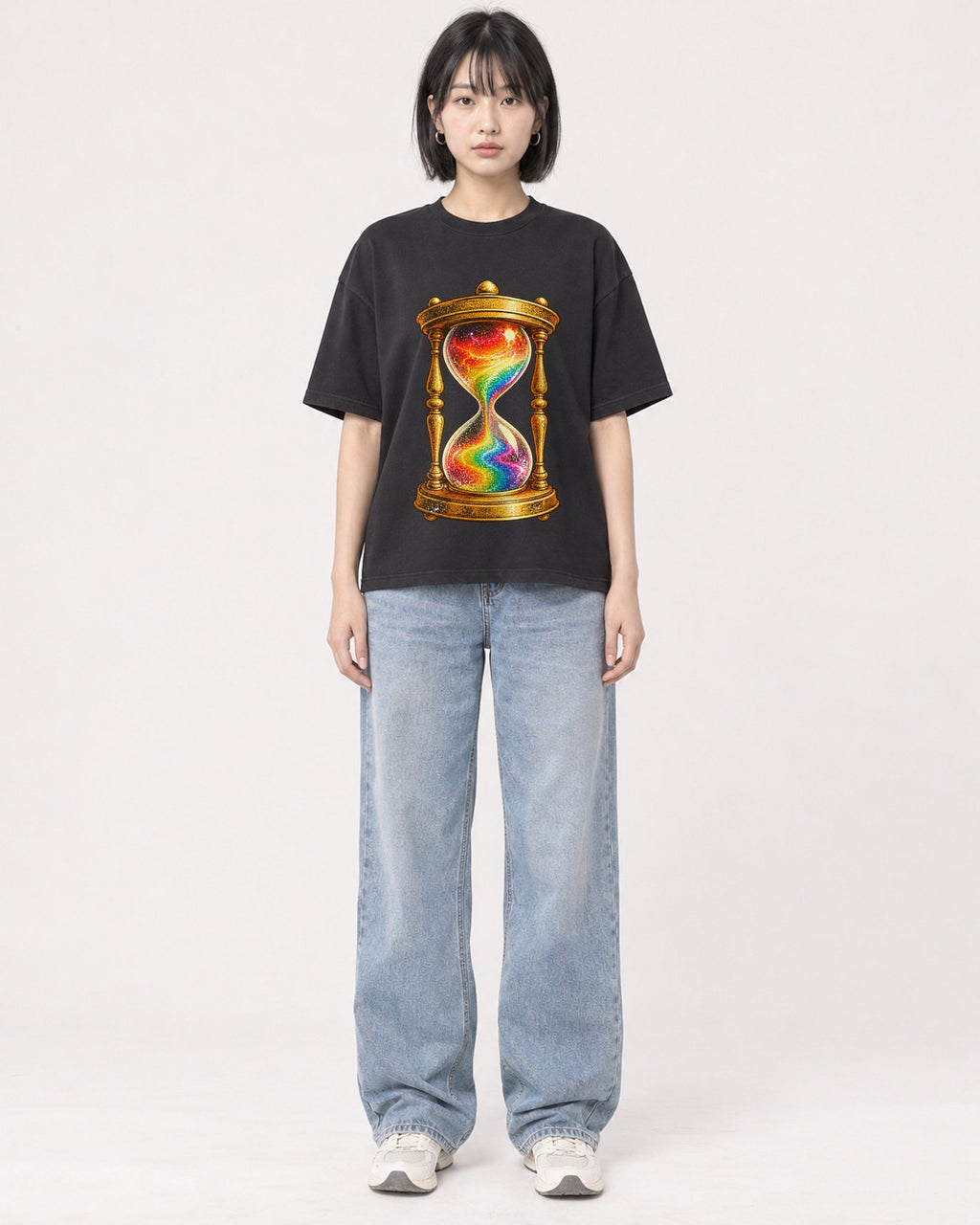 Mockup Boxy Heavyweight Tee Black female full-body 11